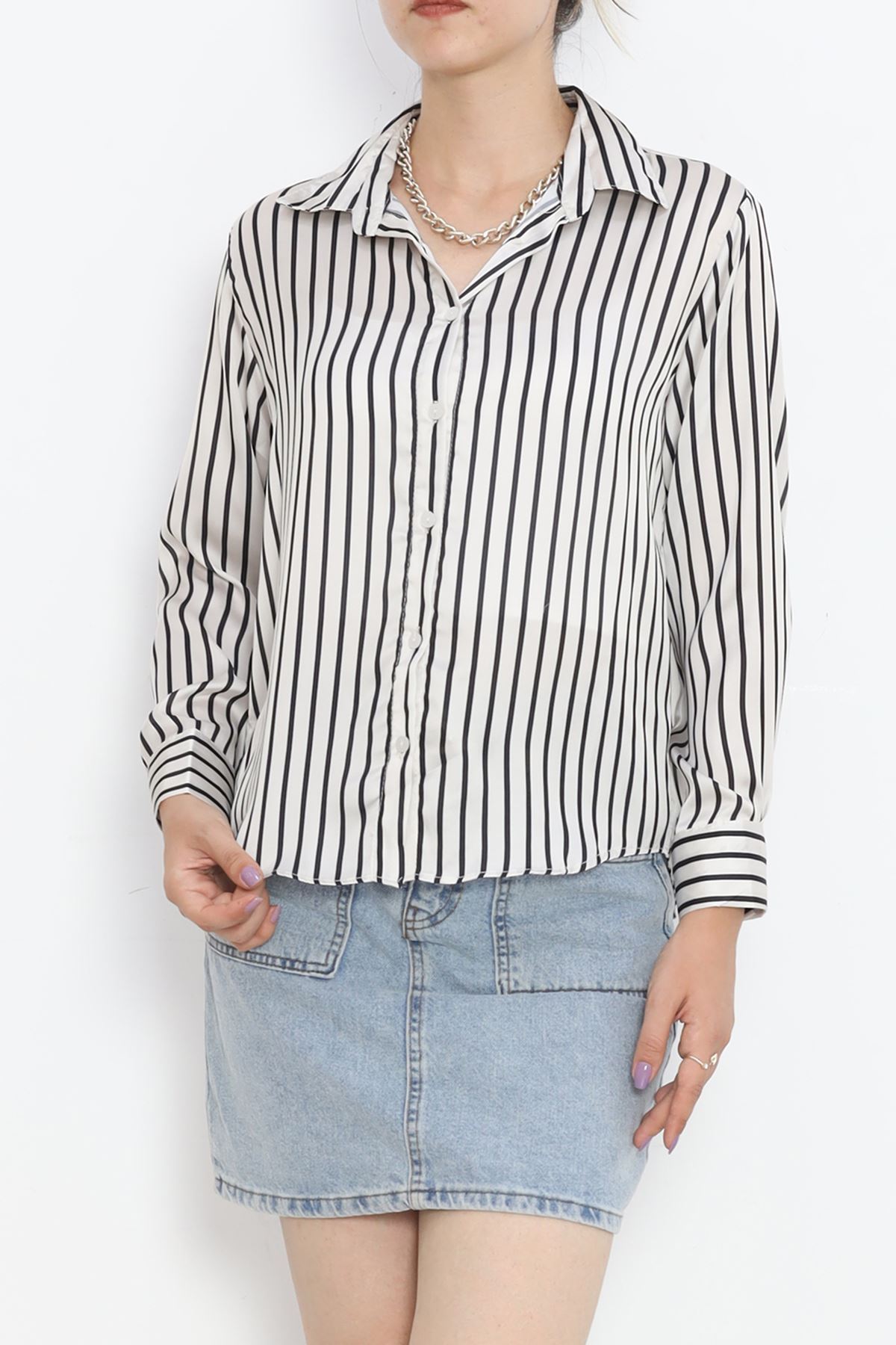 Striped Satin Shirt Stone Black - 18889.1247.