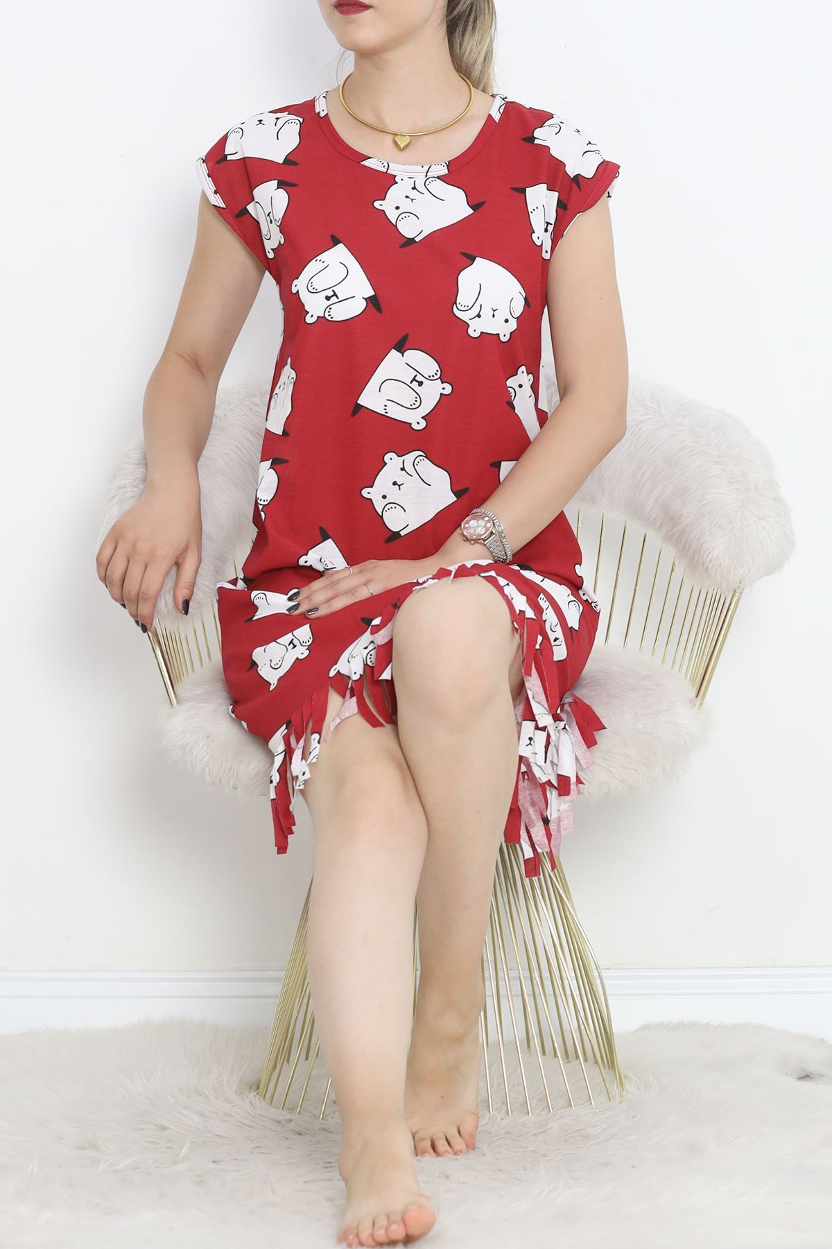 Printed Rotation Tasseled Dress Red and White - 263.1287.