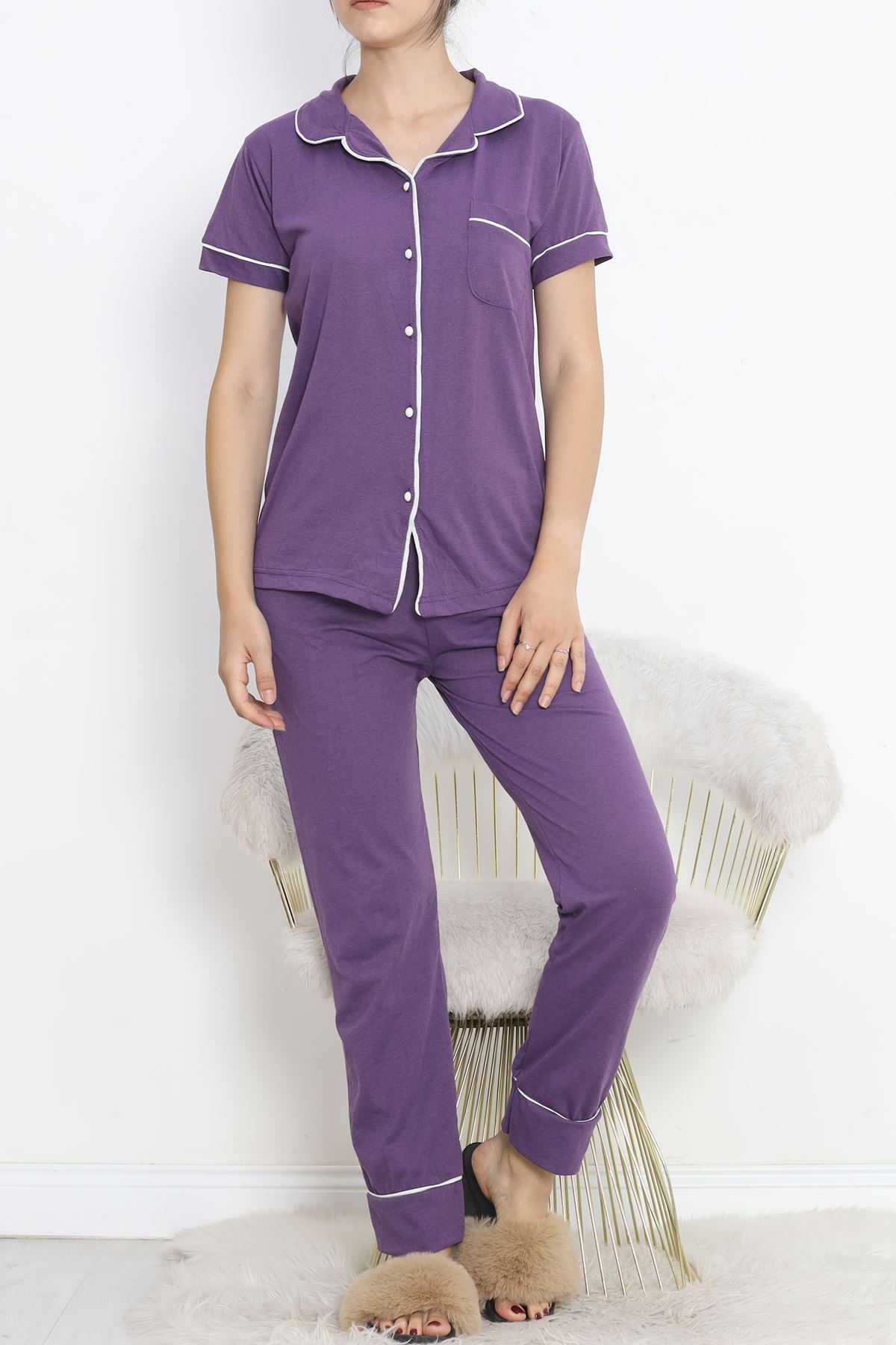 Pajama Set with Front Pocket Purple White - 11404.1048.