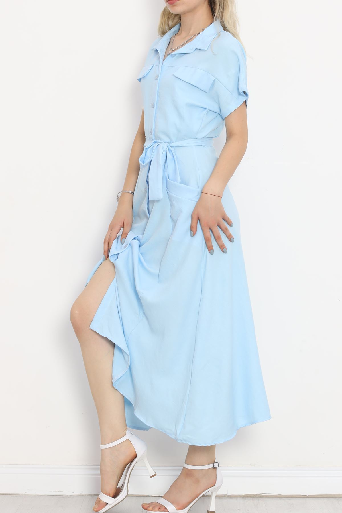 Pocket Detail Belted Dress Light Blue - 18674.1778.