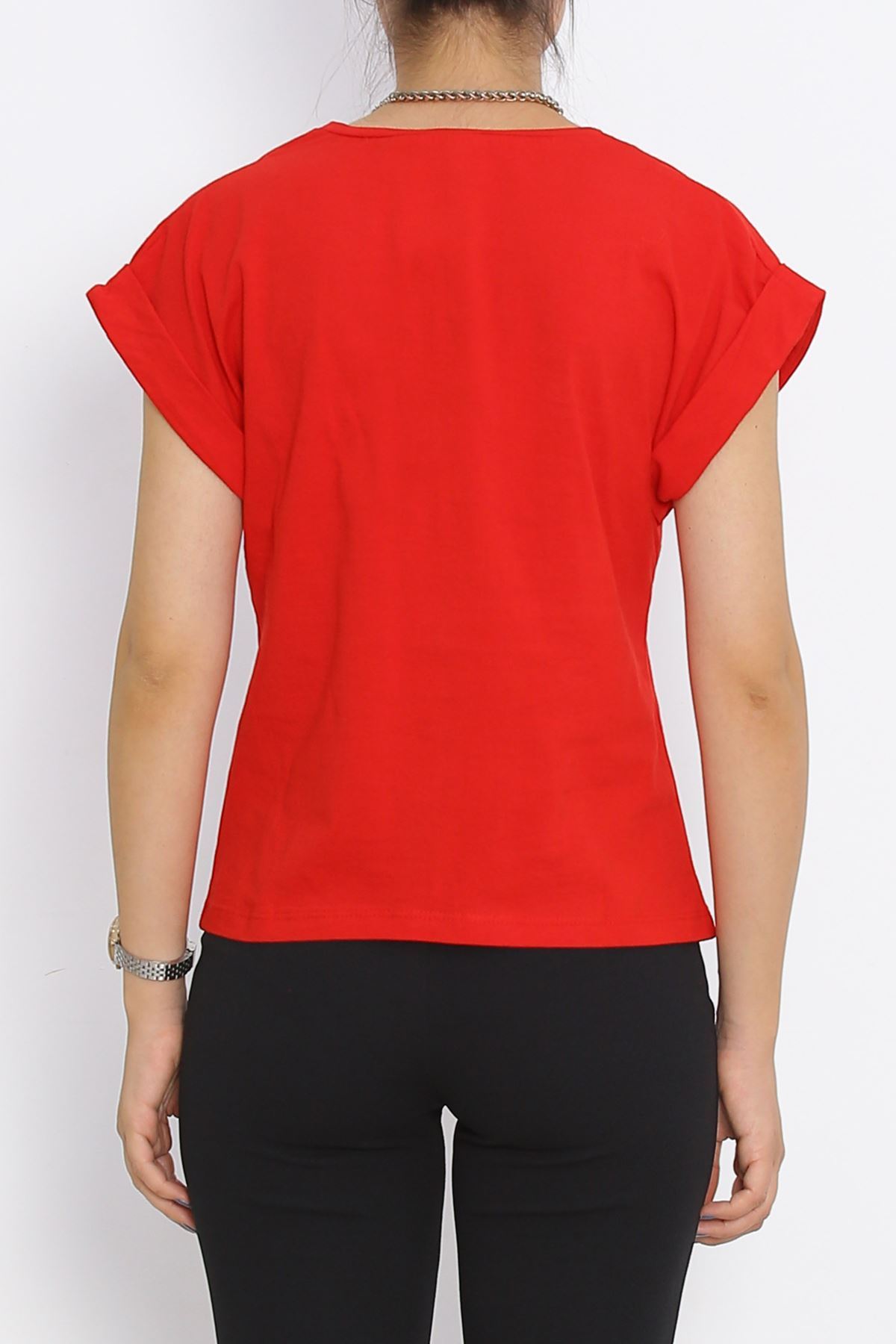 Pear Neck Double Sleeve T-Shirt Red - 15873.1567.