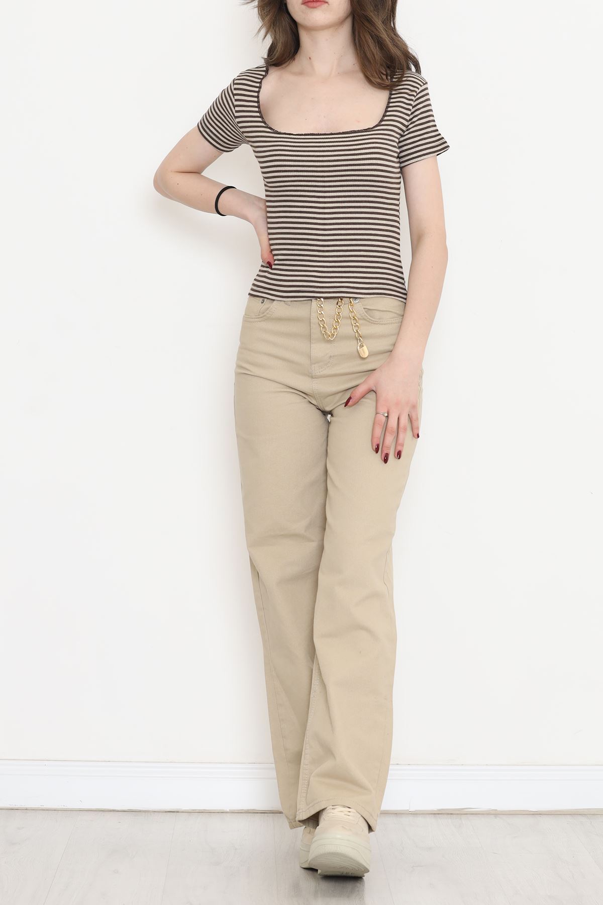 Striped Square Neck Blouse Coffee - 15892.1567.