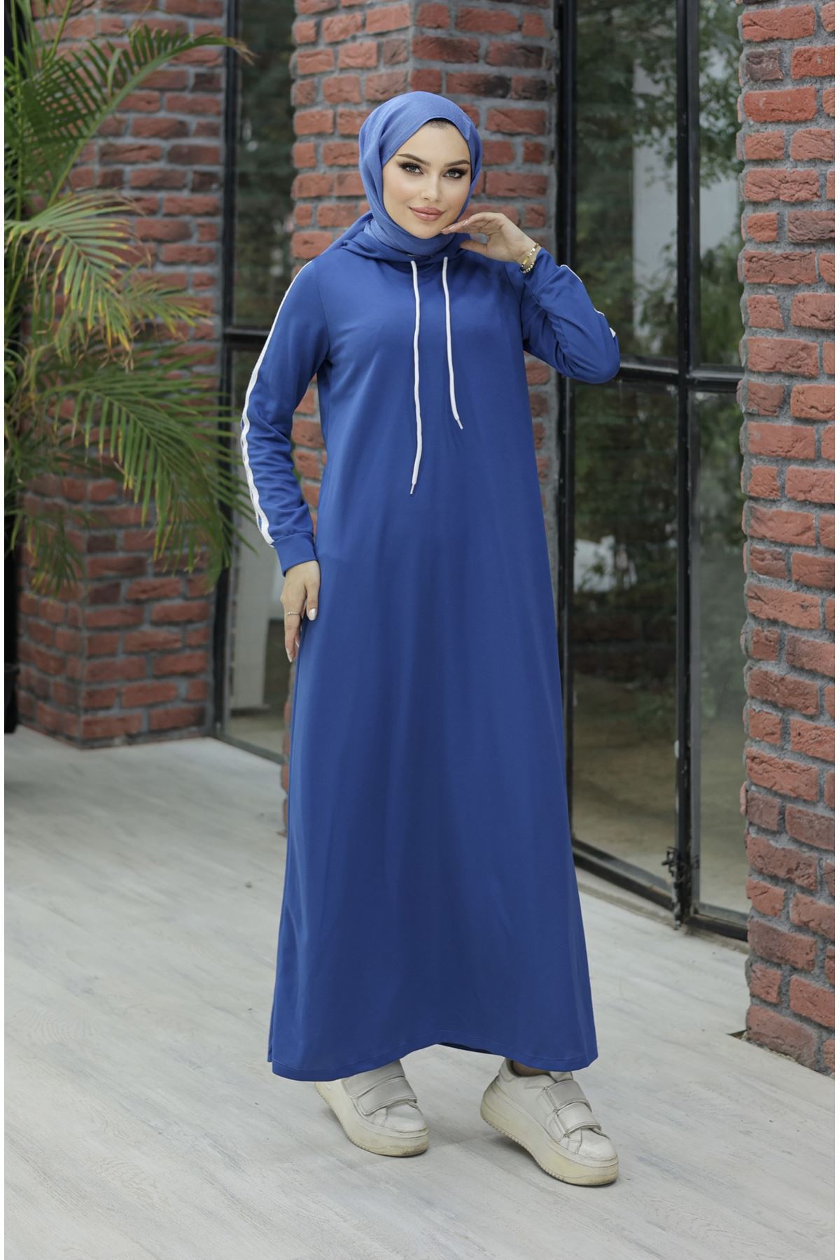 Hooded Stripe Detailed Dress Indigo - 10005.1778.