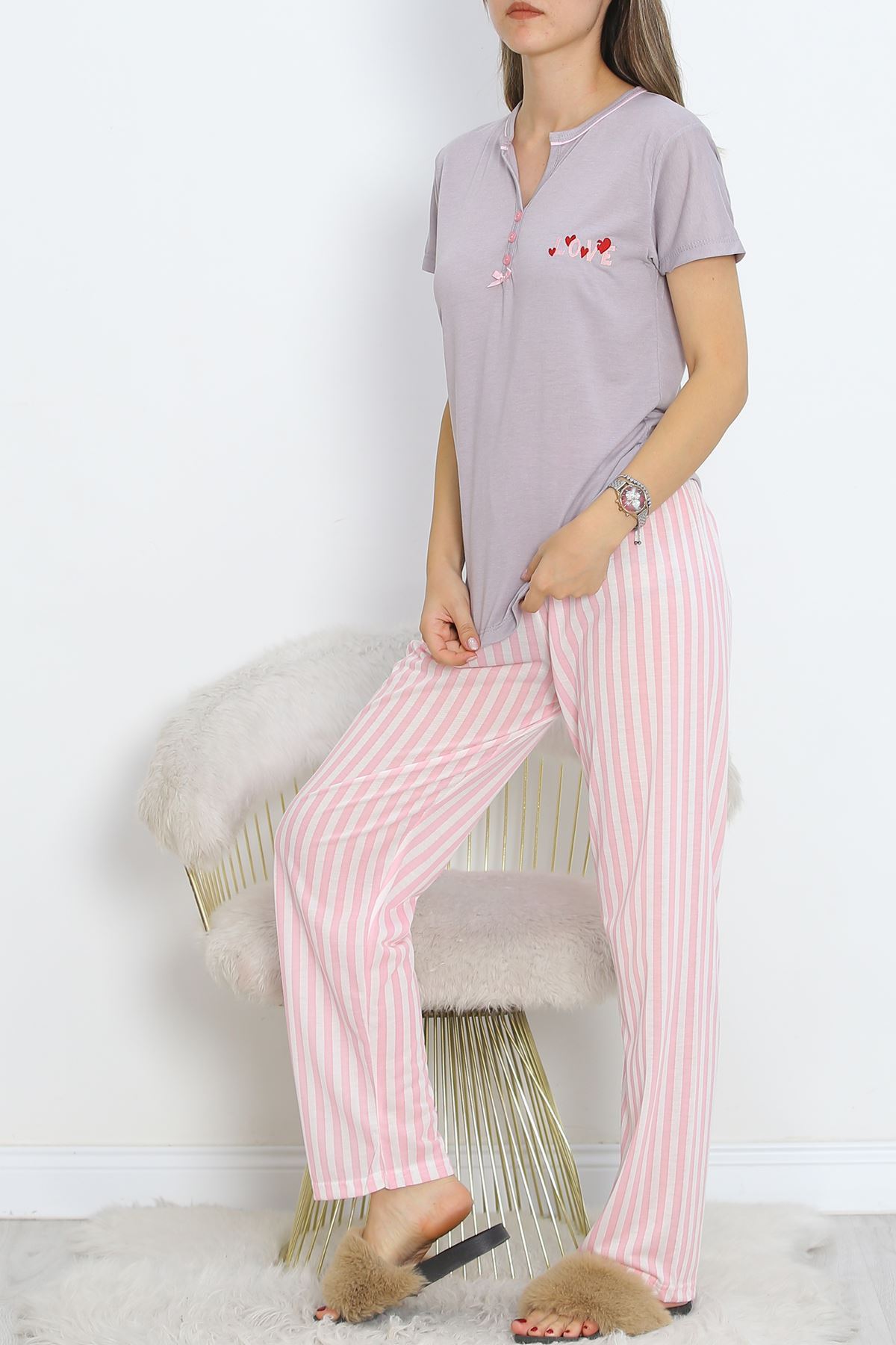 Pear Neck Short Sleeve Suit with Intermediate Piping Pink - 705.1287.