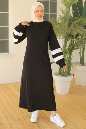 Two Thread Striped Balloon Sleeve Dress Black - 20345.1778.