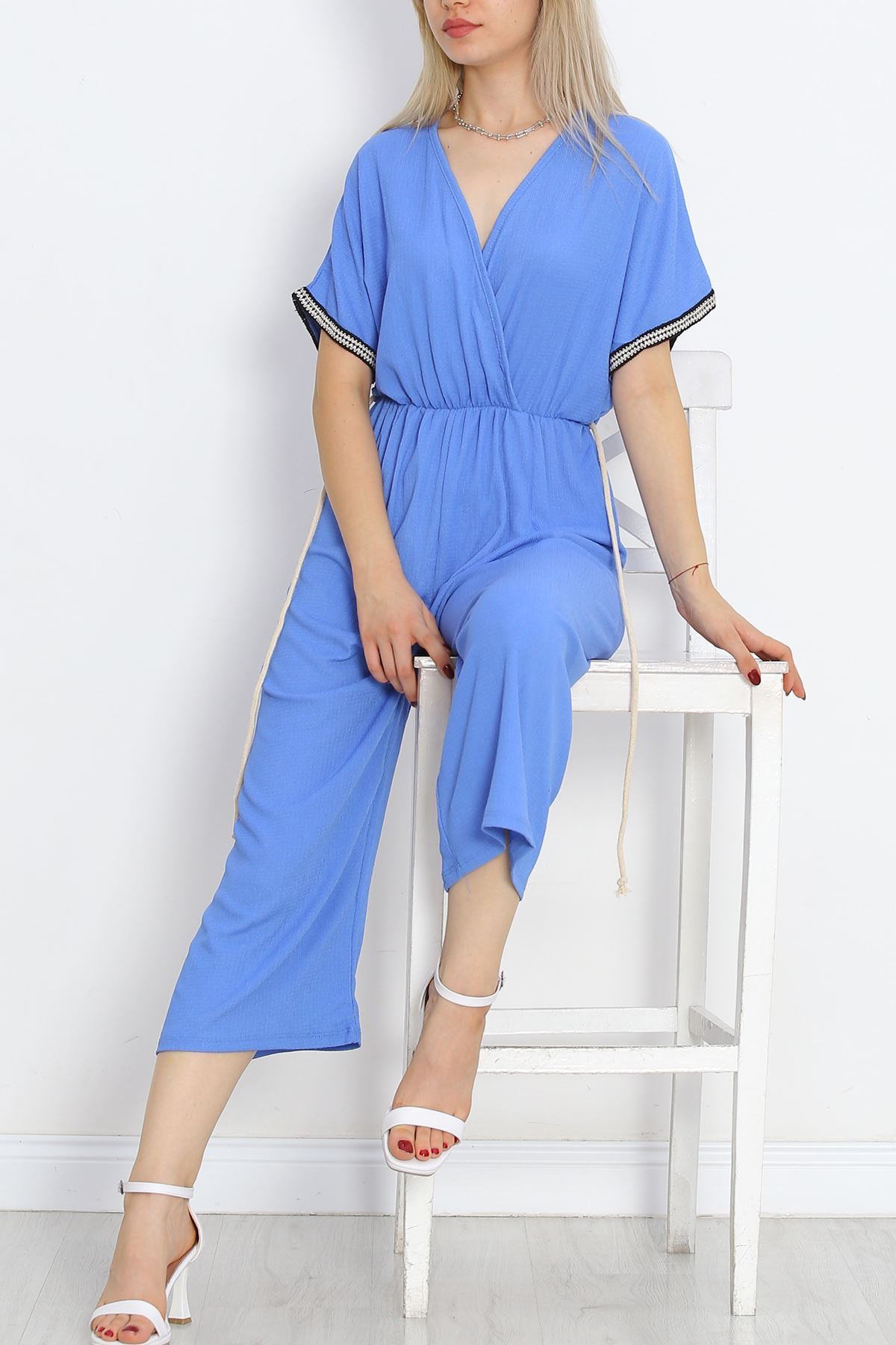 Knit Belt Burlap Jumpsuit Blue - 10007.1567.