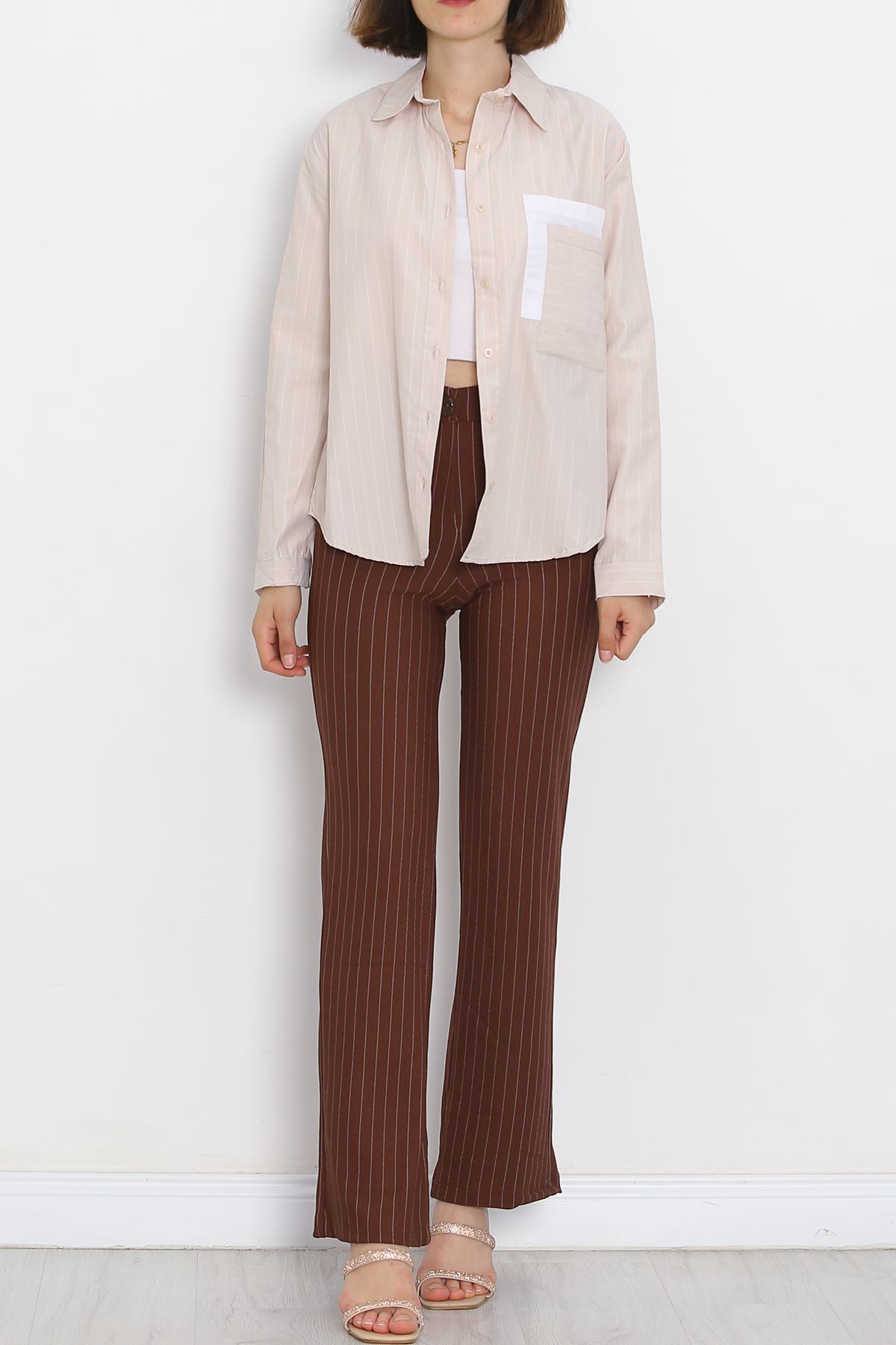 Pocket Detail Striped Shirt Beige - 18958.1247.