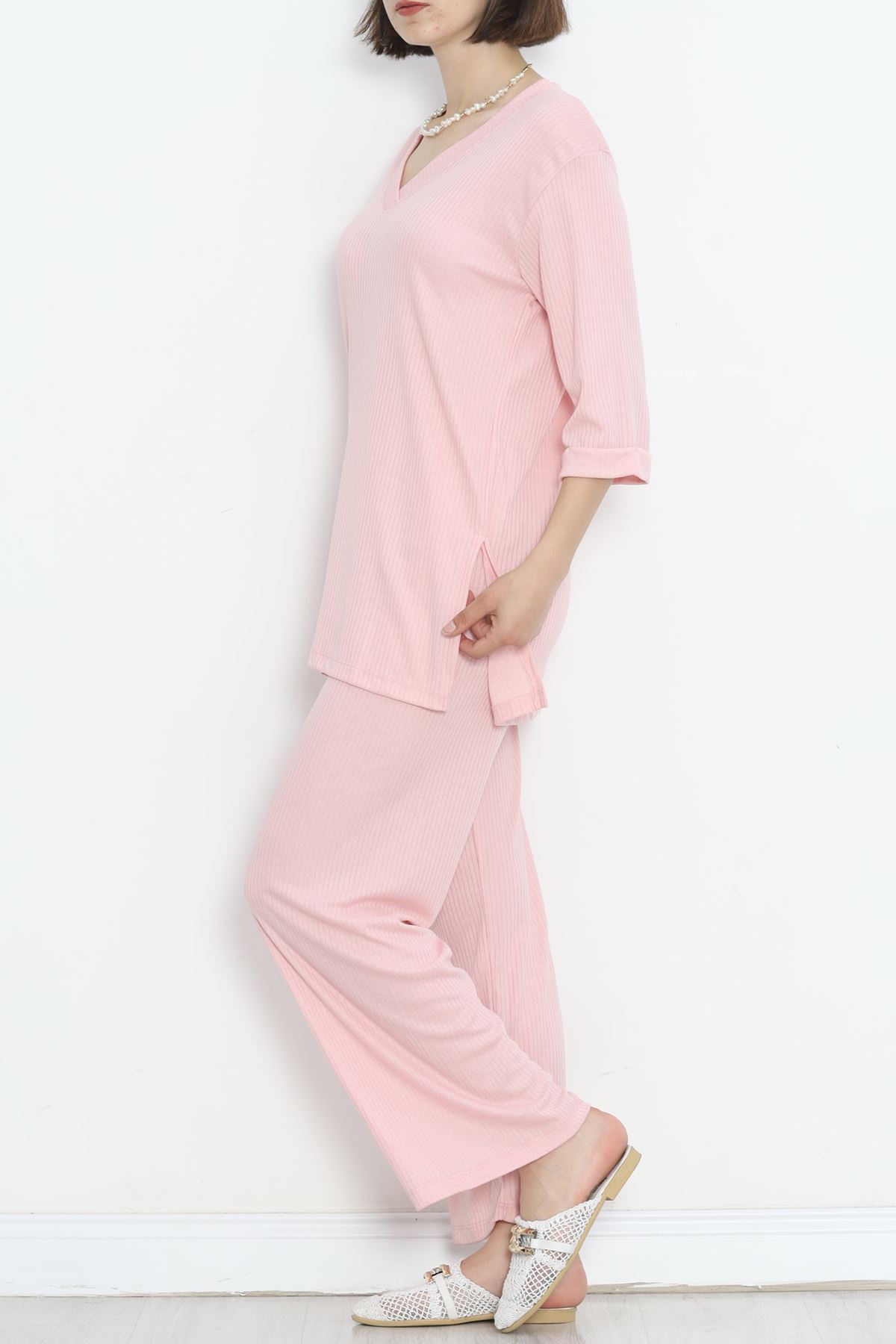 Fitted V-Neck Polyviscose Suit Pink - 903.1287.