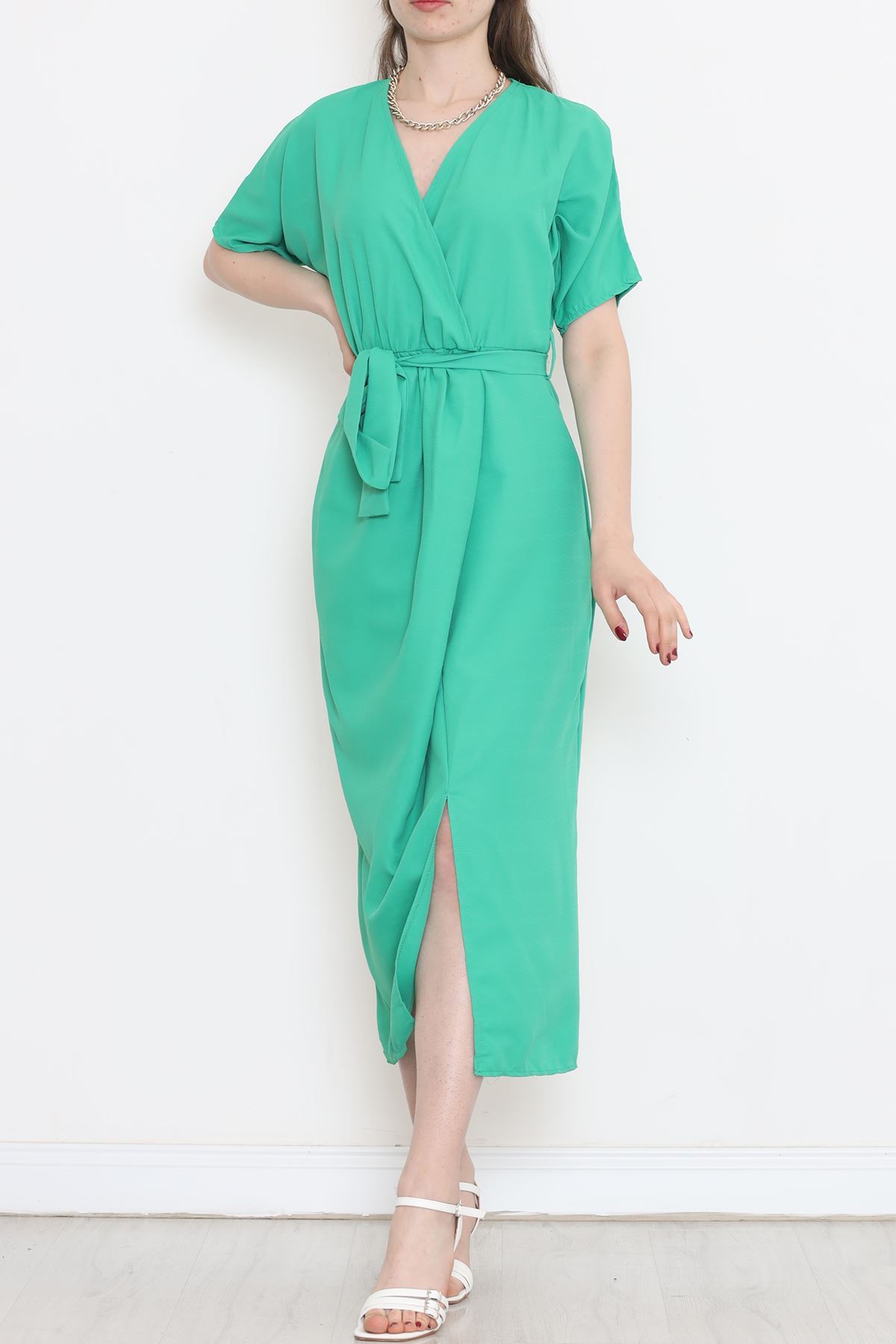 Double-breasted Collar Belted Dress Green - 152445.701.