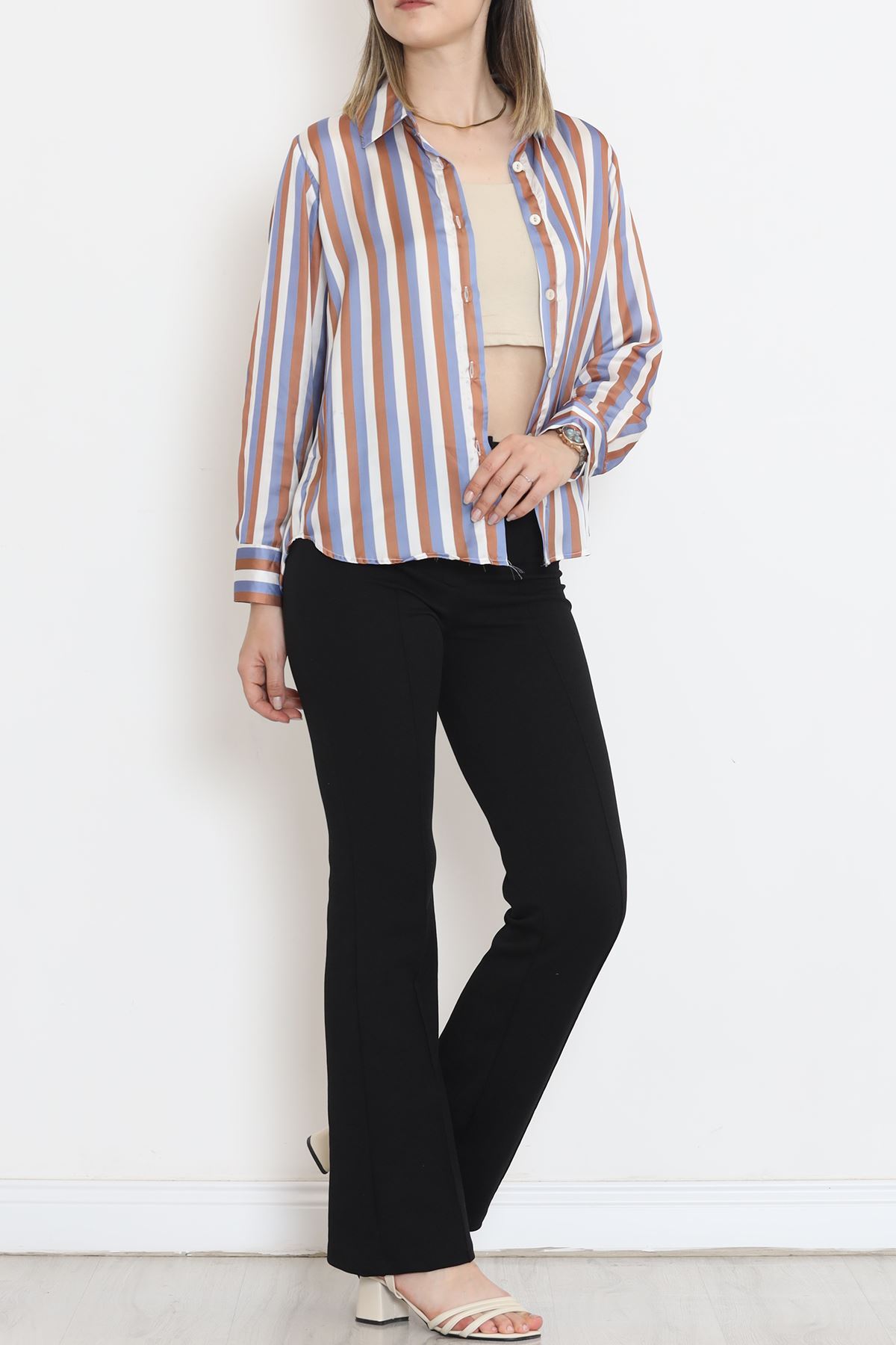 Striped Satin Shirt Blue-Brown - 909.1247.