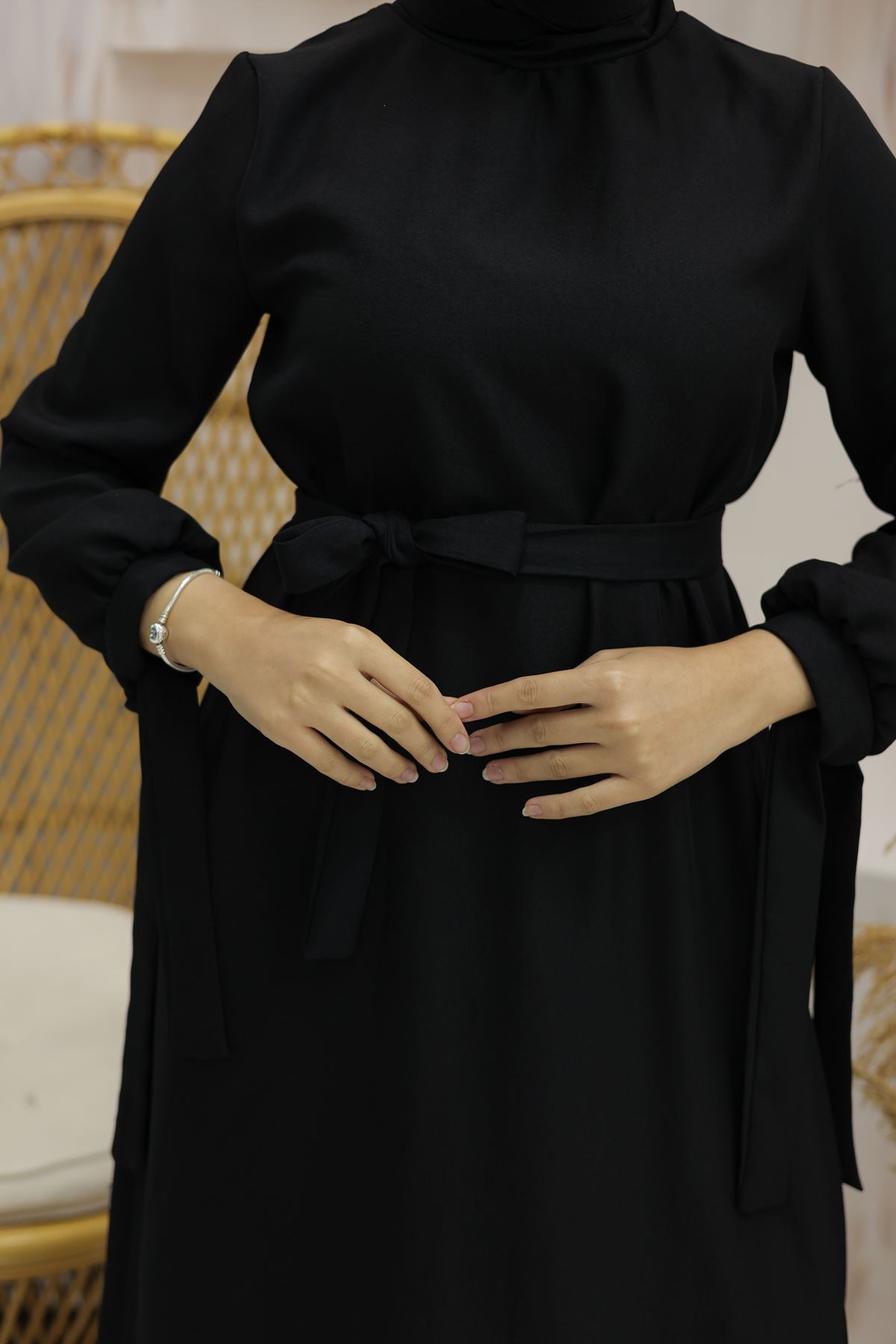 Linen Dress with Sleeve Ties Black - 20346.1778.