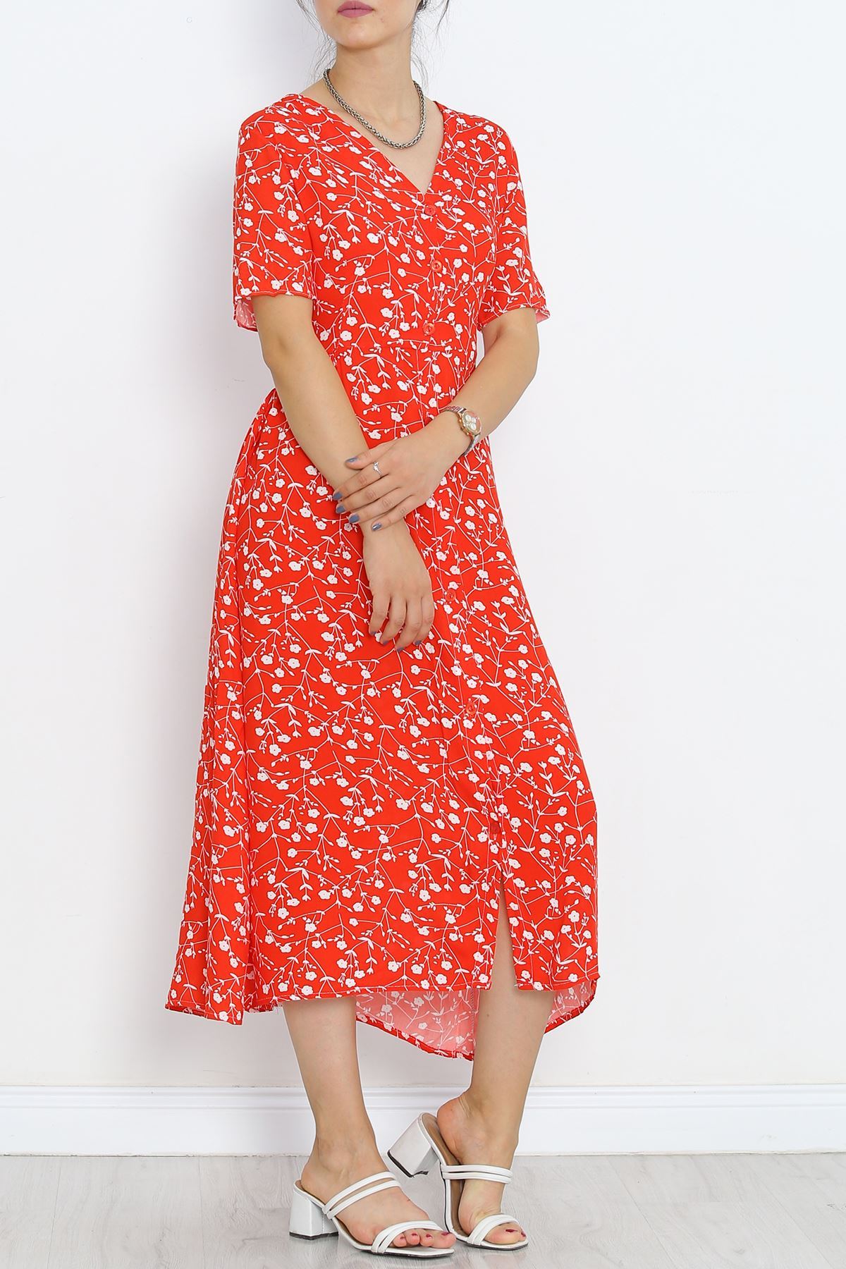 Buttoned Belted Dress Red and White - 716.1247.