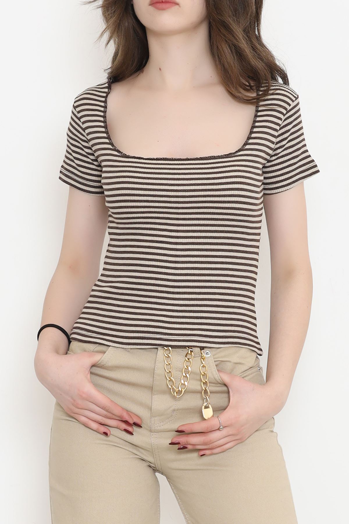 Striped Square Neck Blouse Coffee - 15892.1567.