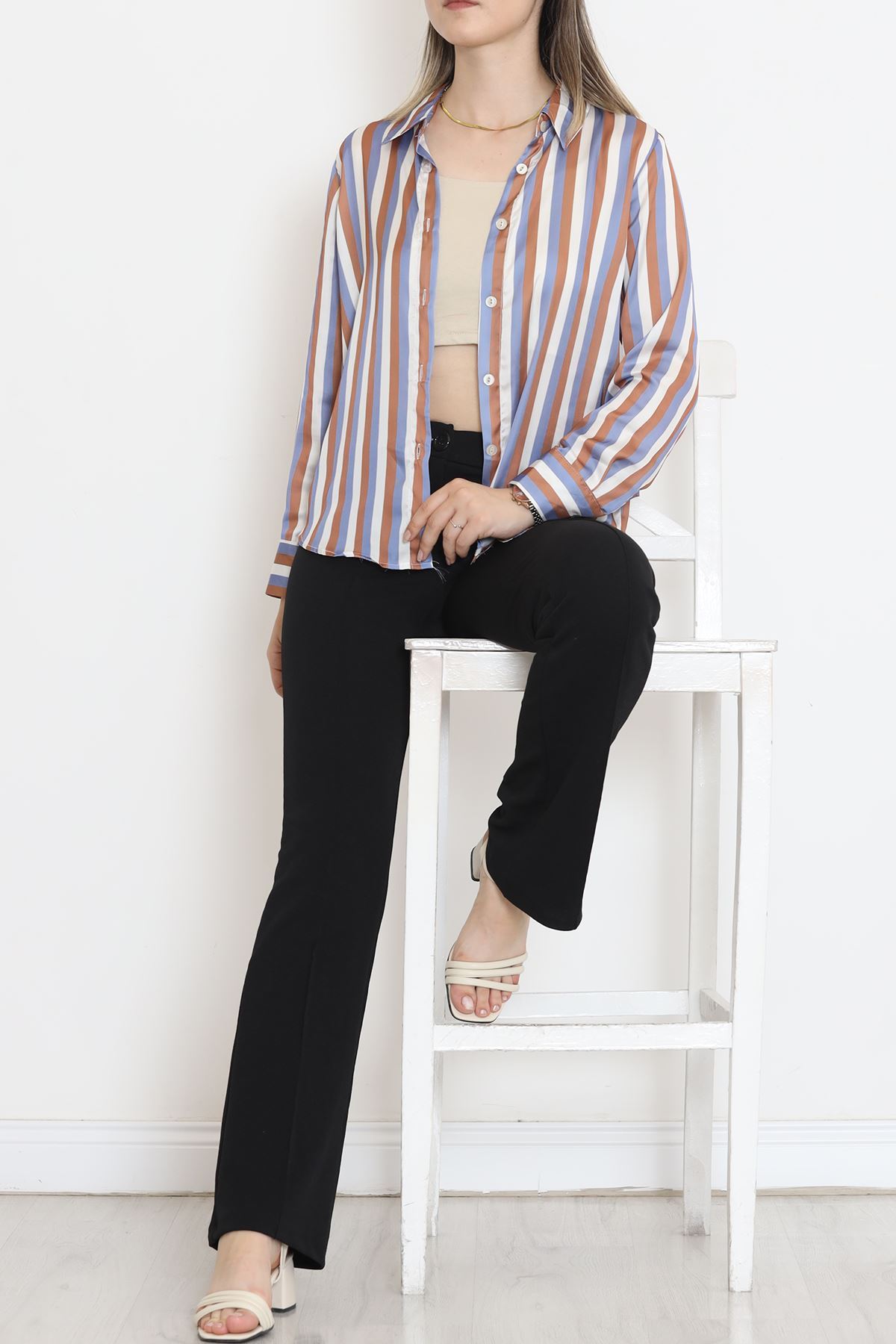 Striped Satin Shirt Blue-Brown - 909.1247.