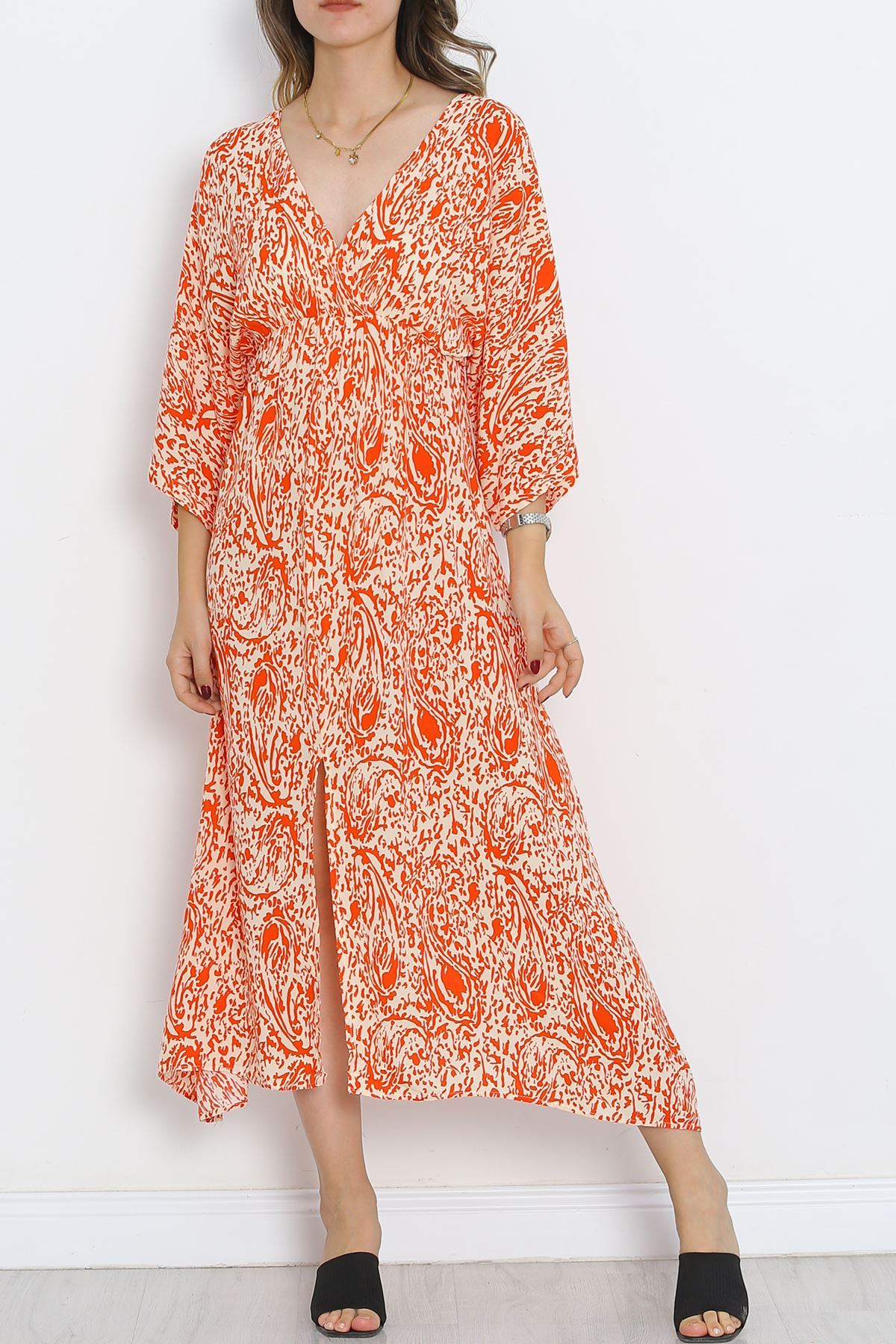 Double-breasted Collar Patterned Dress Orange - 707.1247.