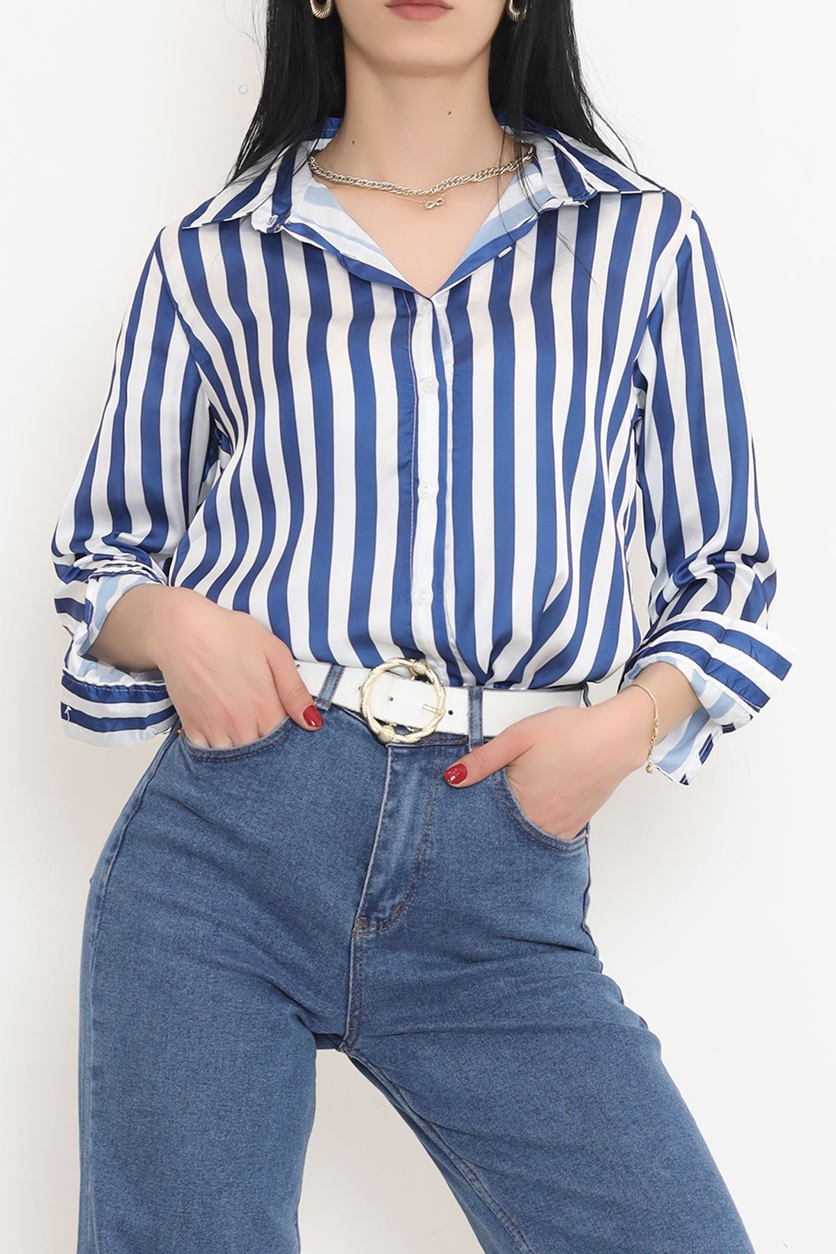 Striped Satin Shirt Beyazsaks - 909.1247.