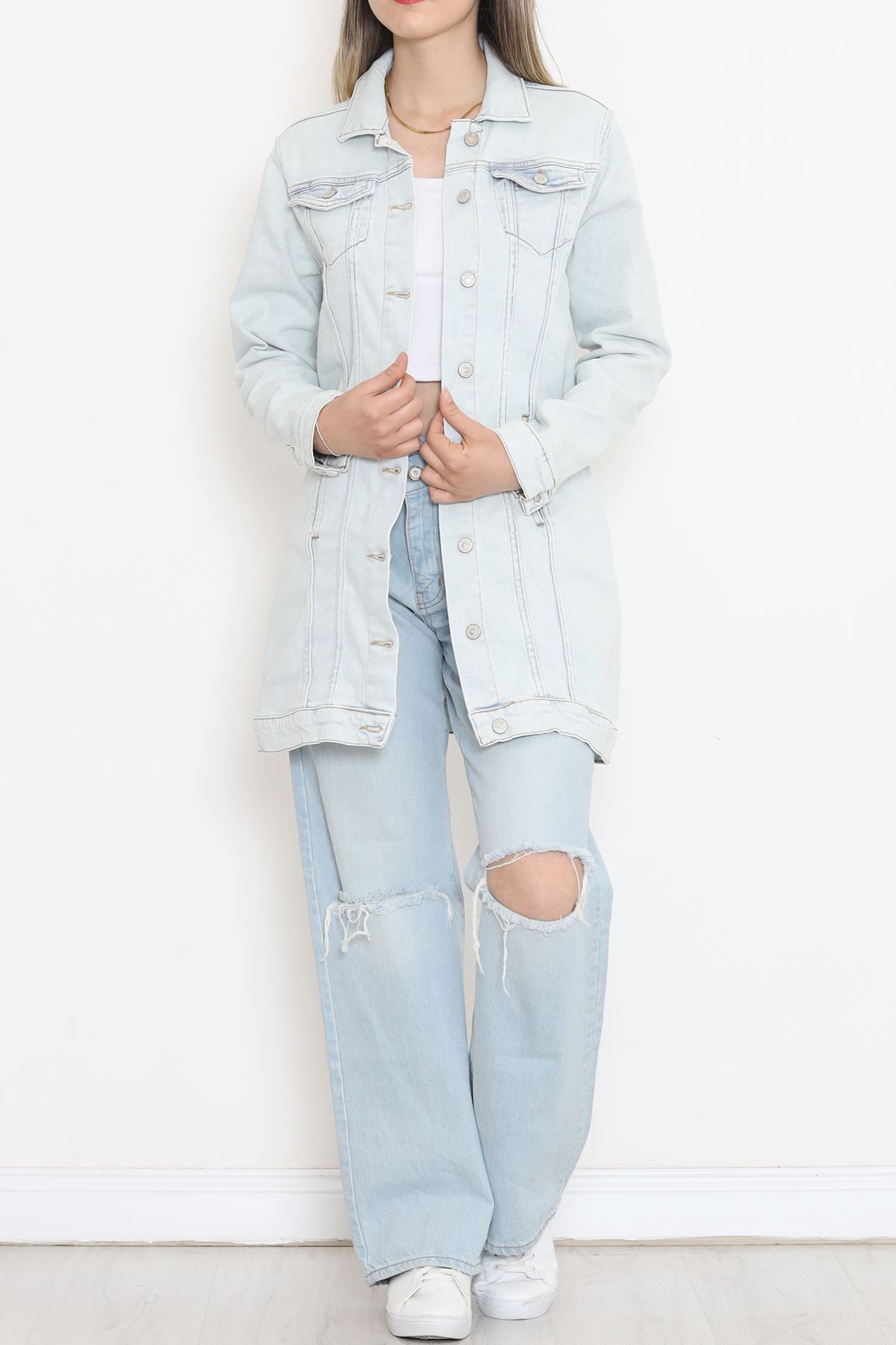 Double Pocket Long Denim Jacket Ice Blue - 18547.1836.