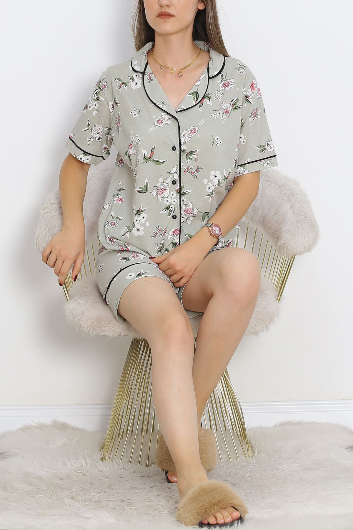 Buttoned Shorts Pajama Set Light Green - 18944.1567.