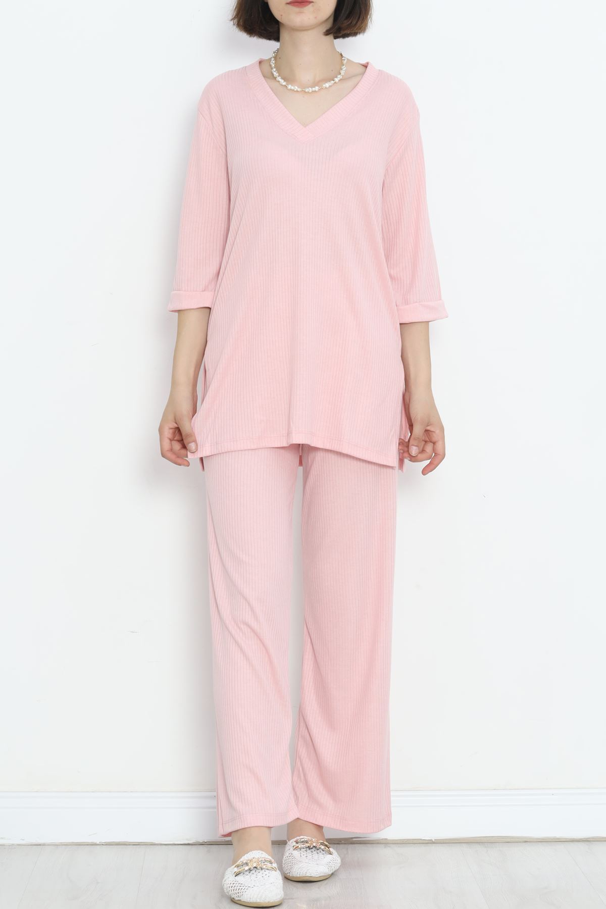 Fitted V-Neck Polyviscose Suit Pink - 903.1287.