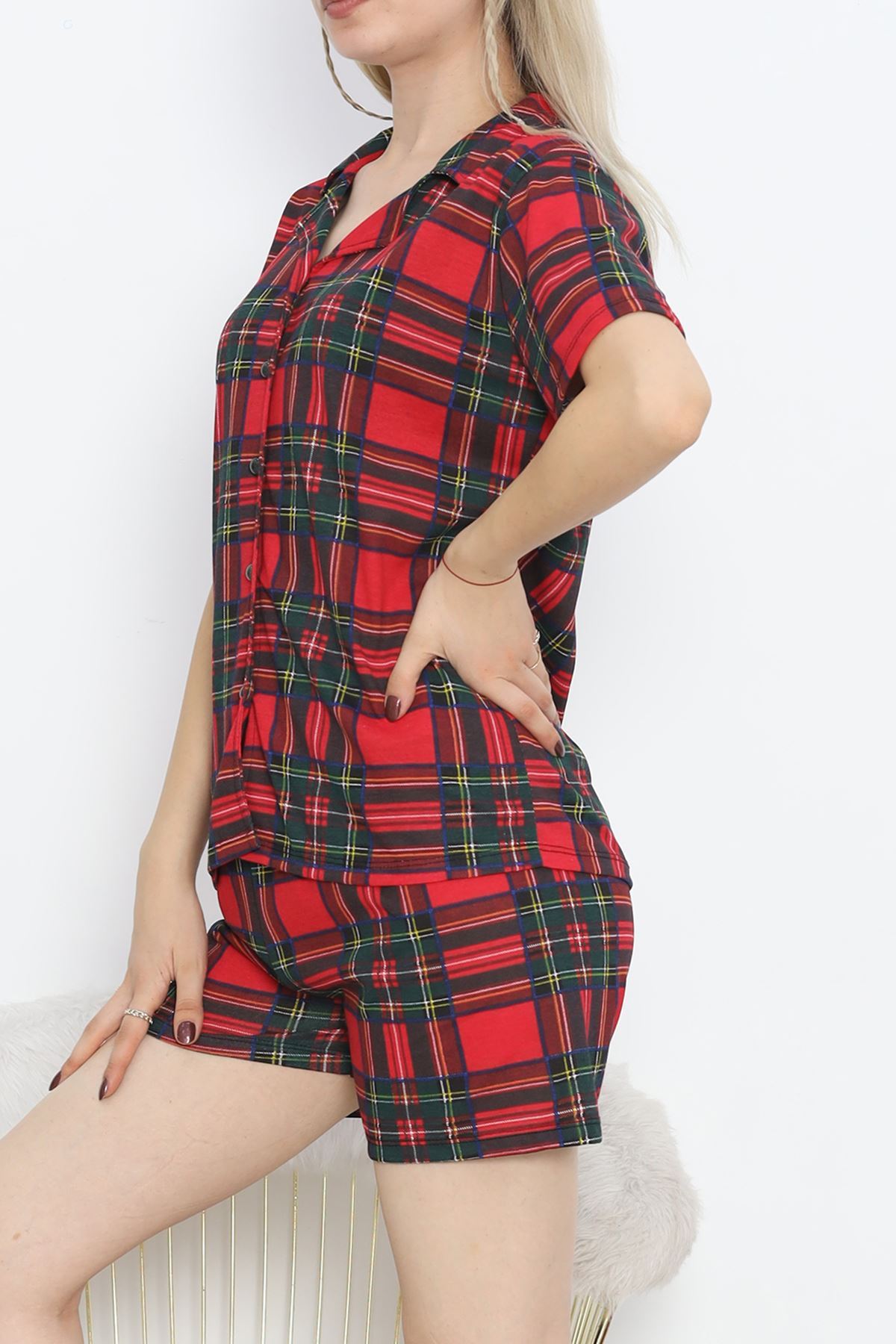 Front Button Shorts Suit Plaid Burgundy - 275.1287.