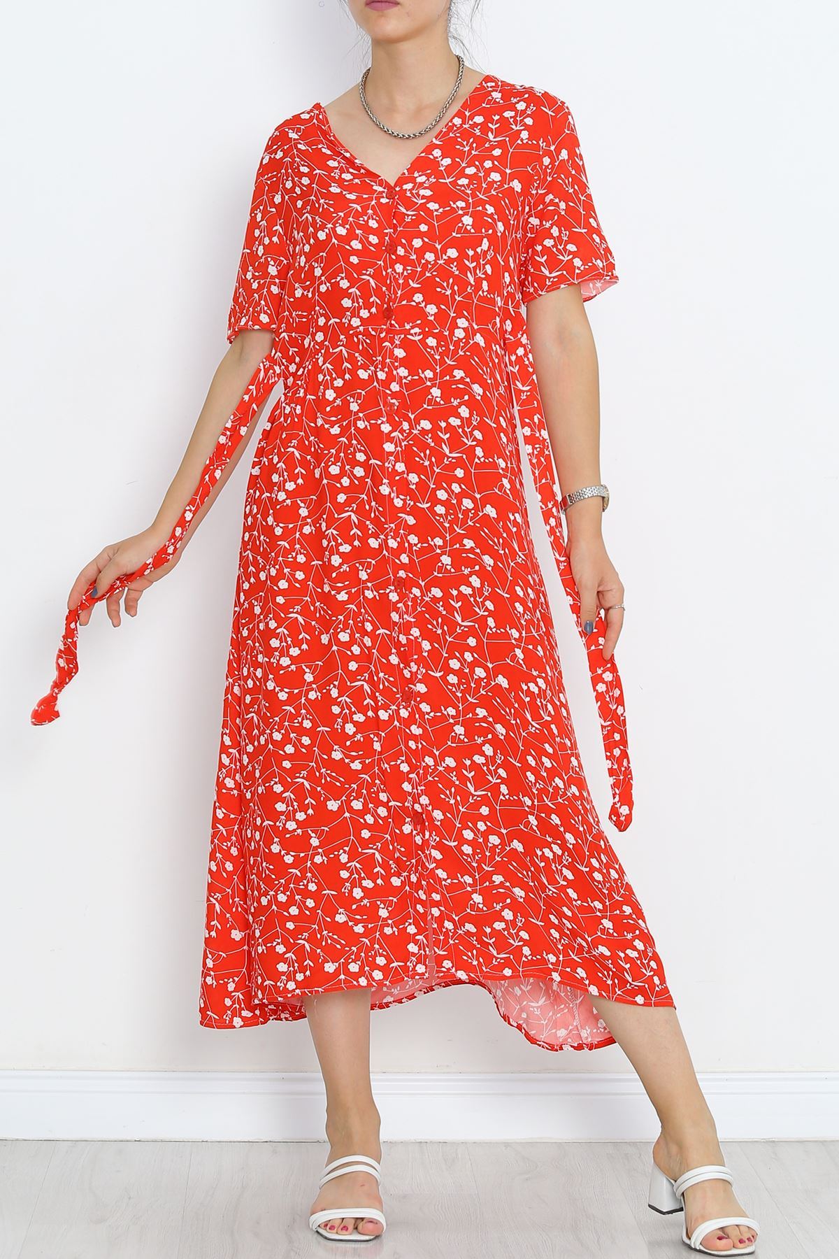 Buttoned Belted Dress Red and White - 716.1247.