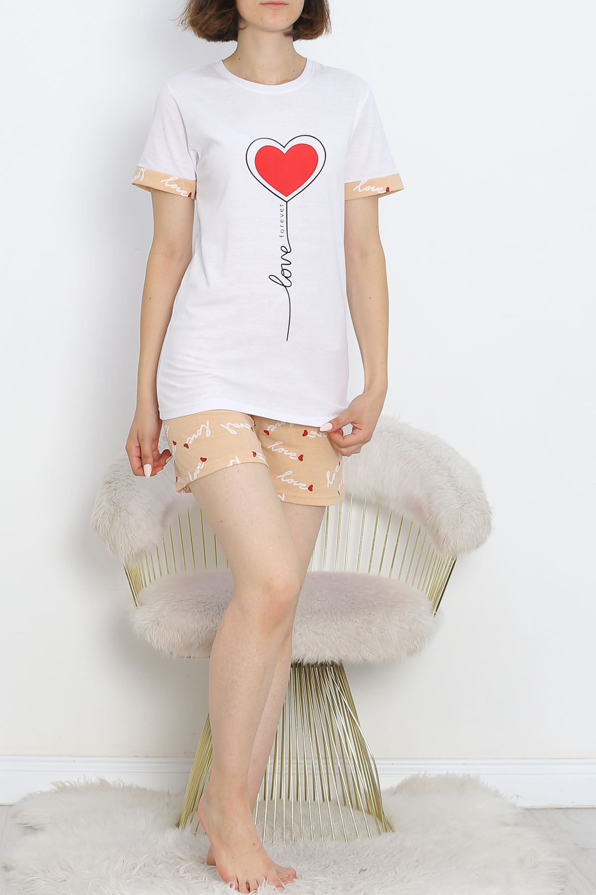 Short Sleeve Shorts Pajama Set White-Brown - 18956.1567.