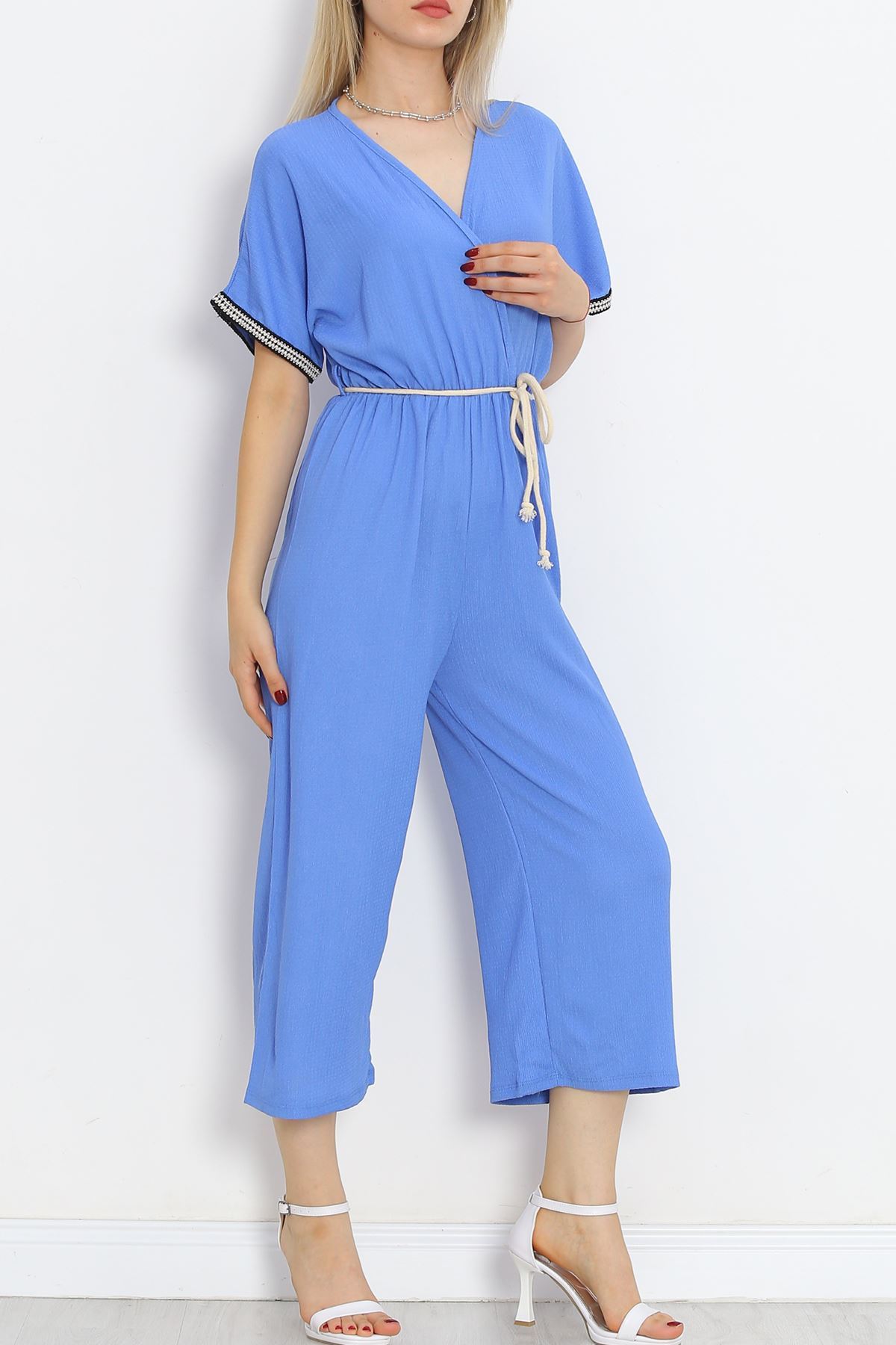 Knit Belt Burlap Jumpsuit Blue - 10007.1567.