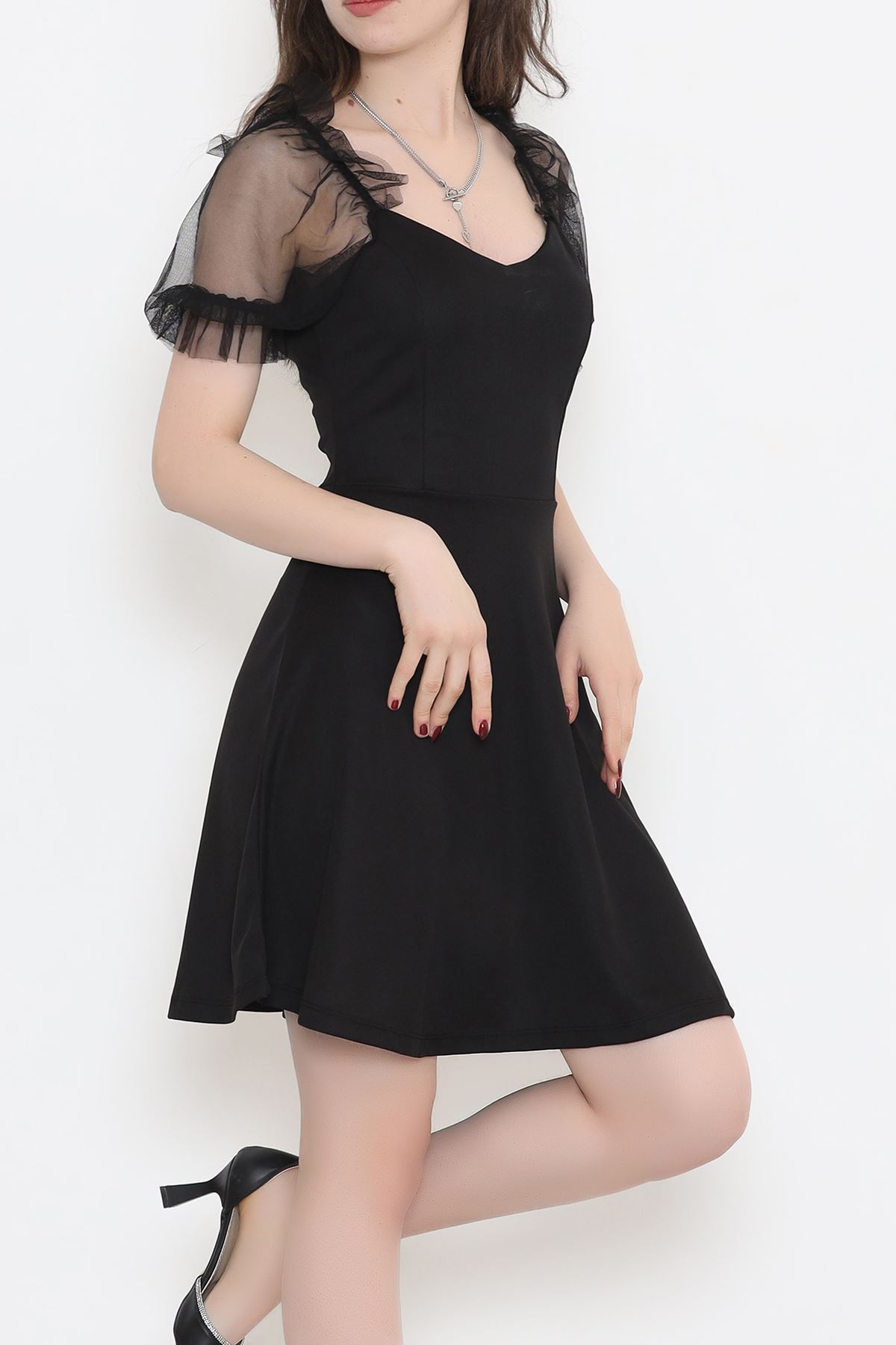 V-Neck Dress with Tulle Sleeves Black - 3869.1595.