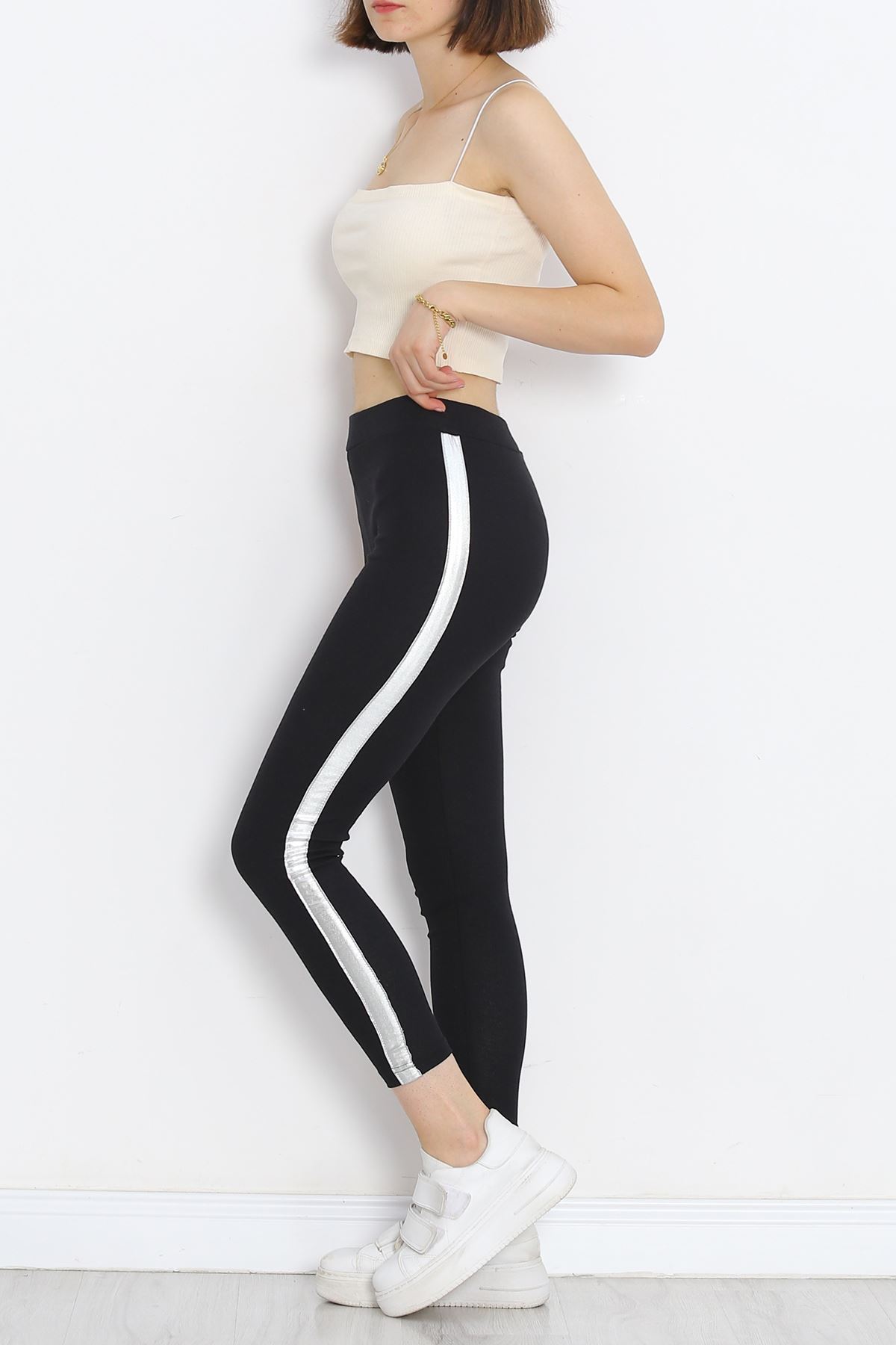 Single Stripe Ribbed Leggings Black-Silver - 10293.1567.