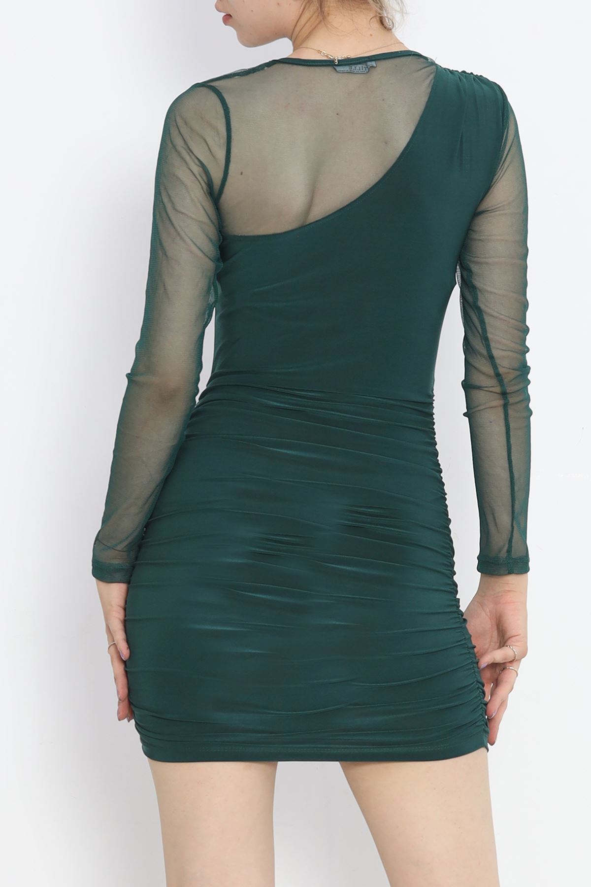 Tulle Detailed Shirred Dress Emerald - 3863.1595.