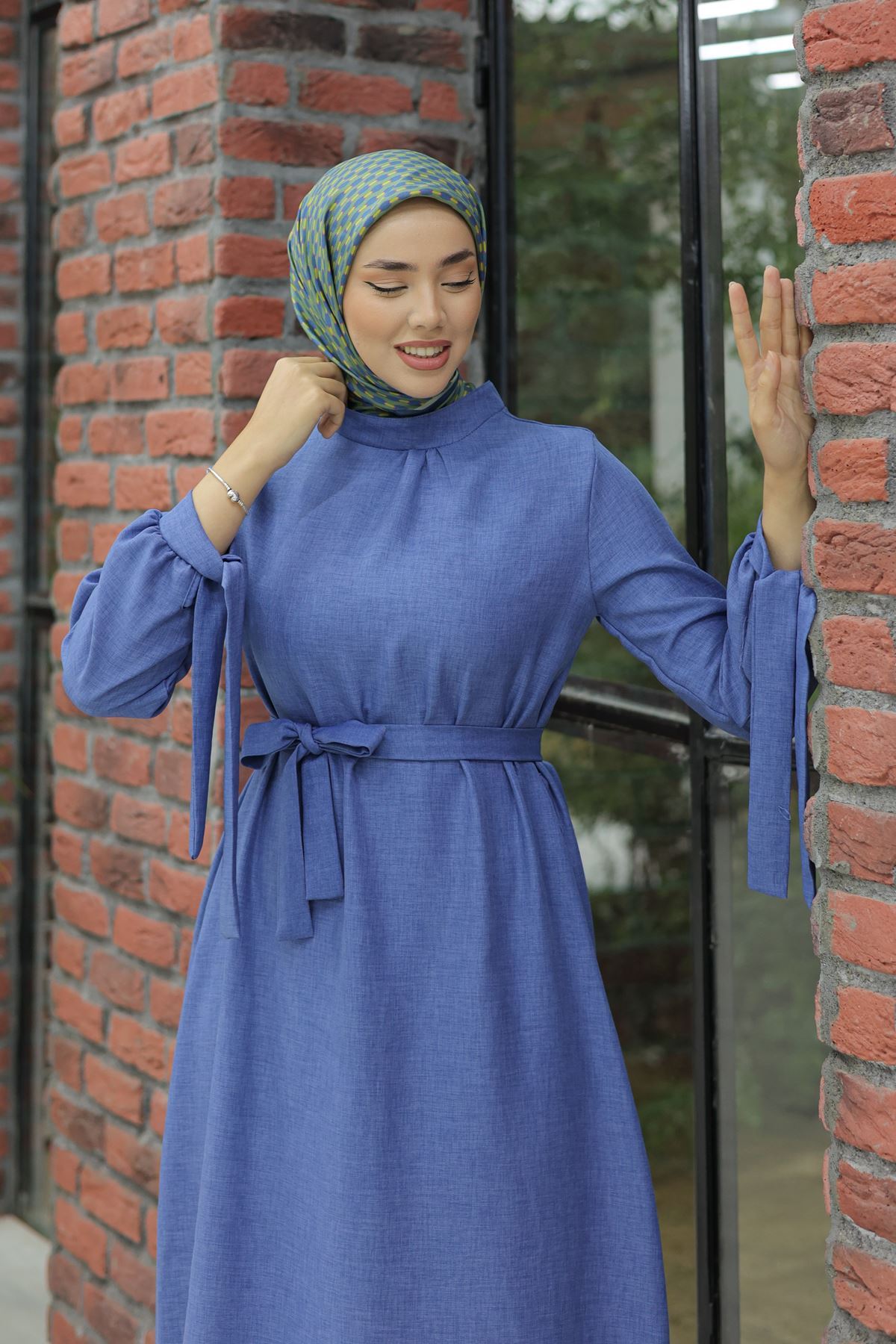 Linen Dress with Sleeve Ties Blue - 20346.1778.