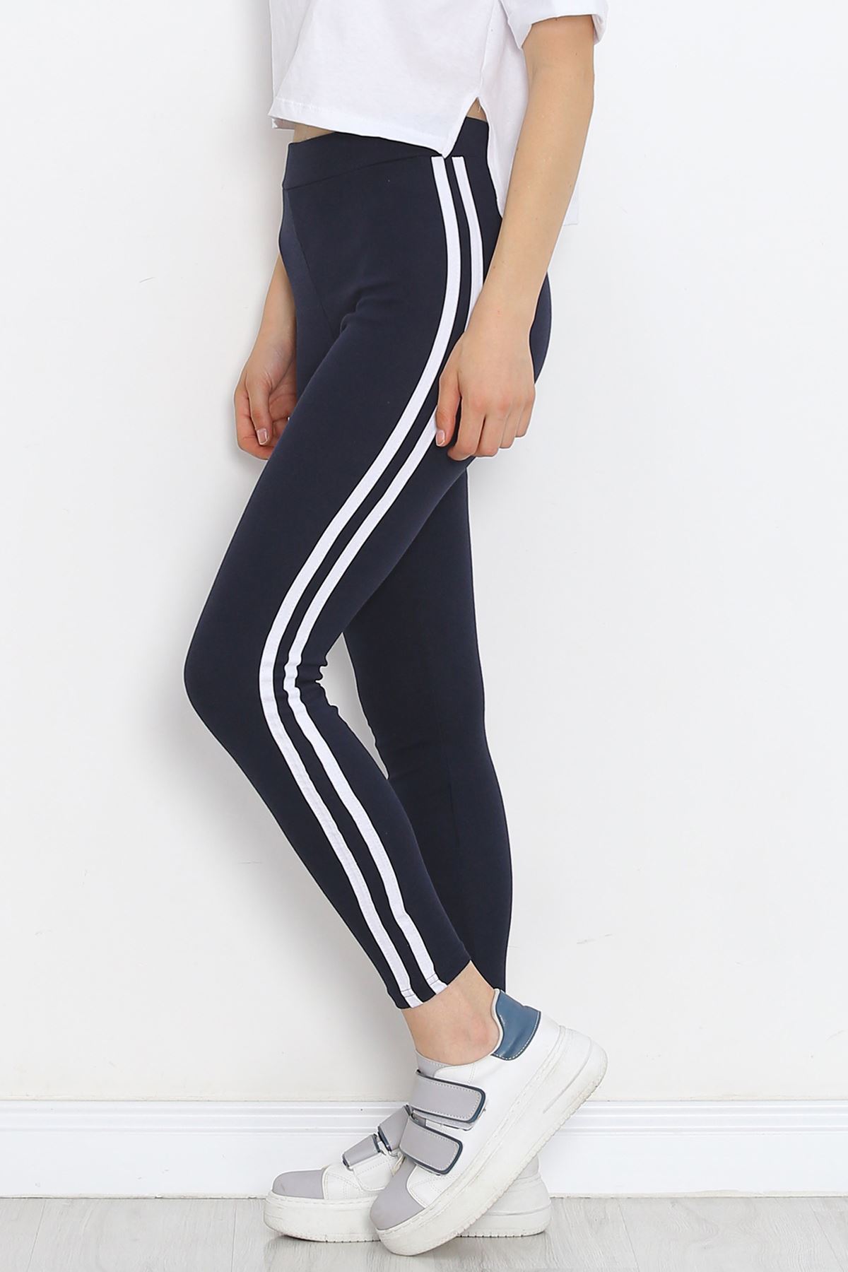 Double Stripe Ribbed Leggings Navy White - 9948.1567.