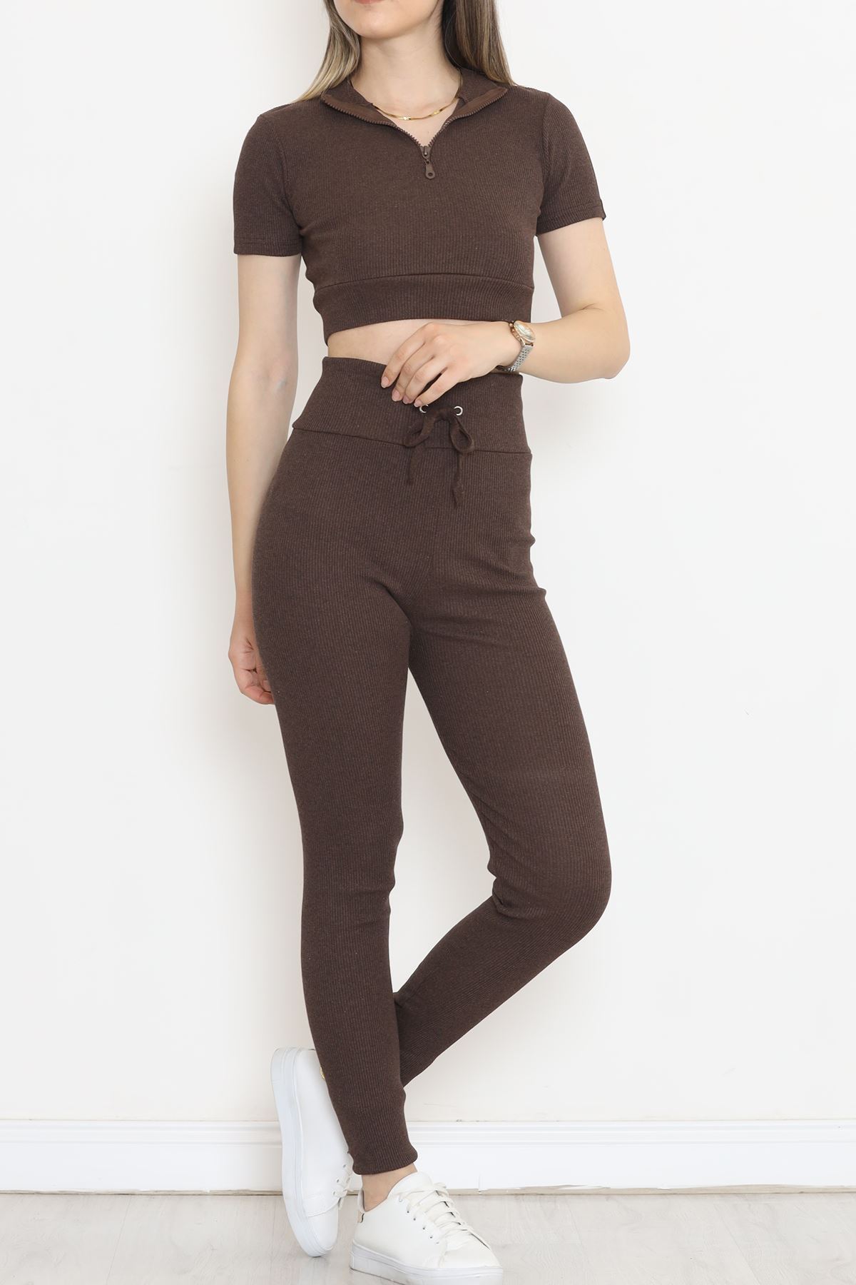 Camisole Zippered Short Sleeve Set Coffee - 18517.1567.