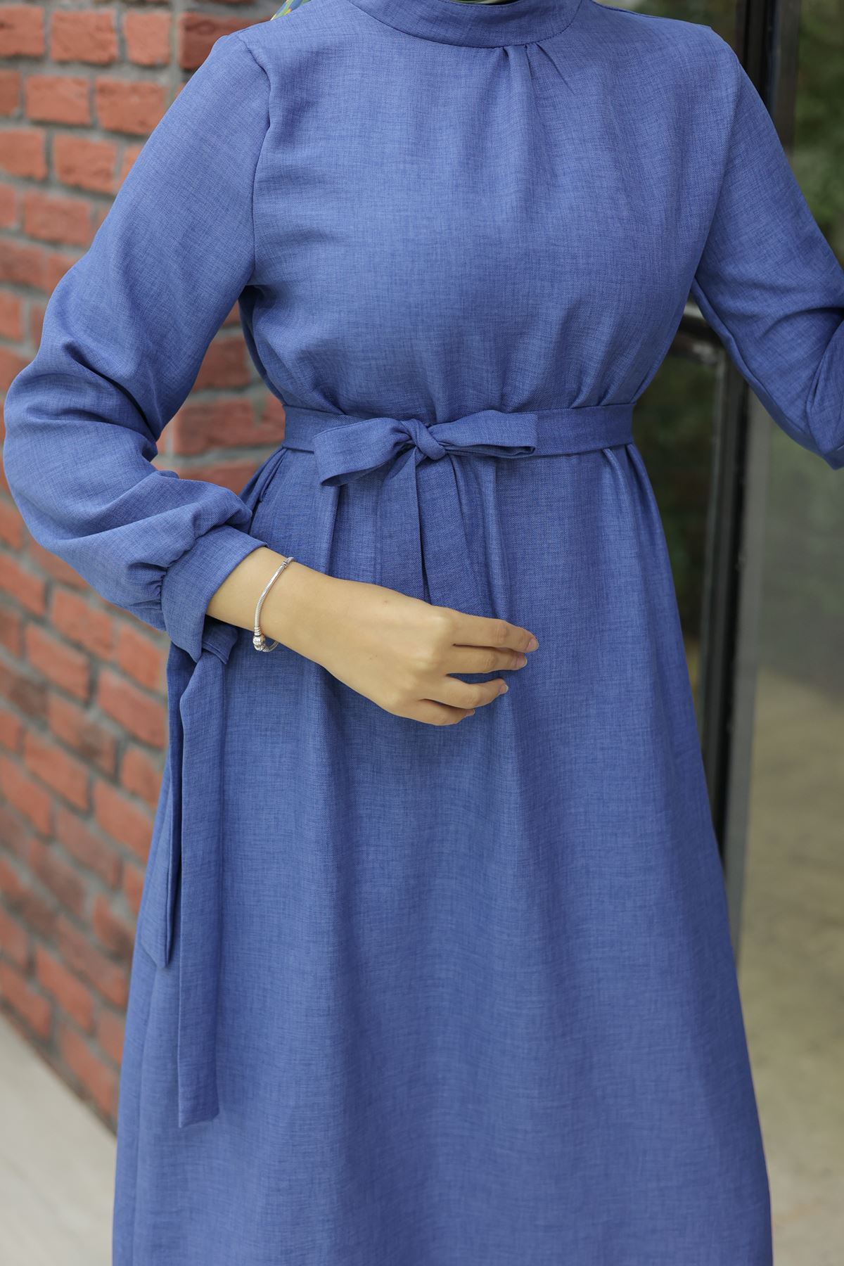 Linen Dress with Sleeve Ties Blue - 20346.1778.