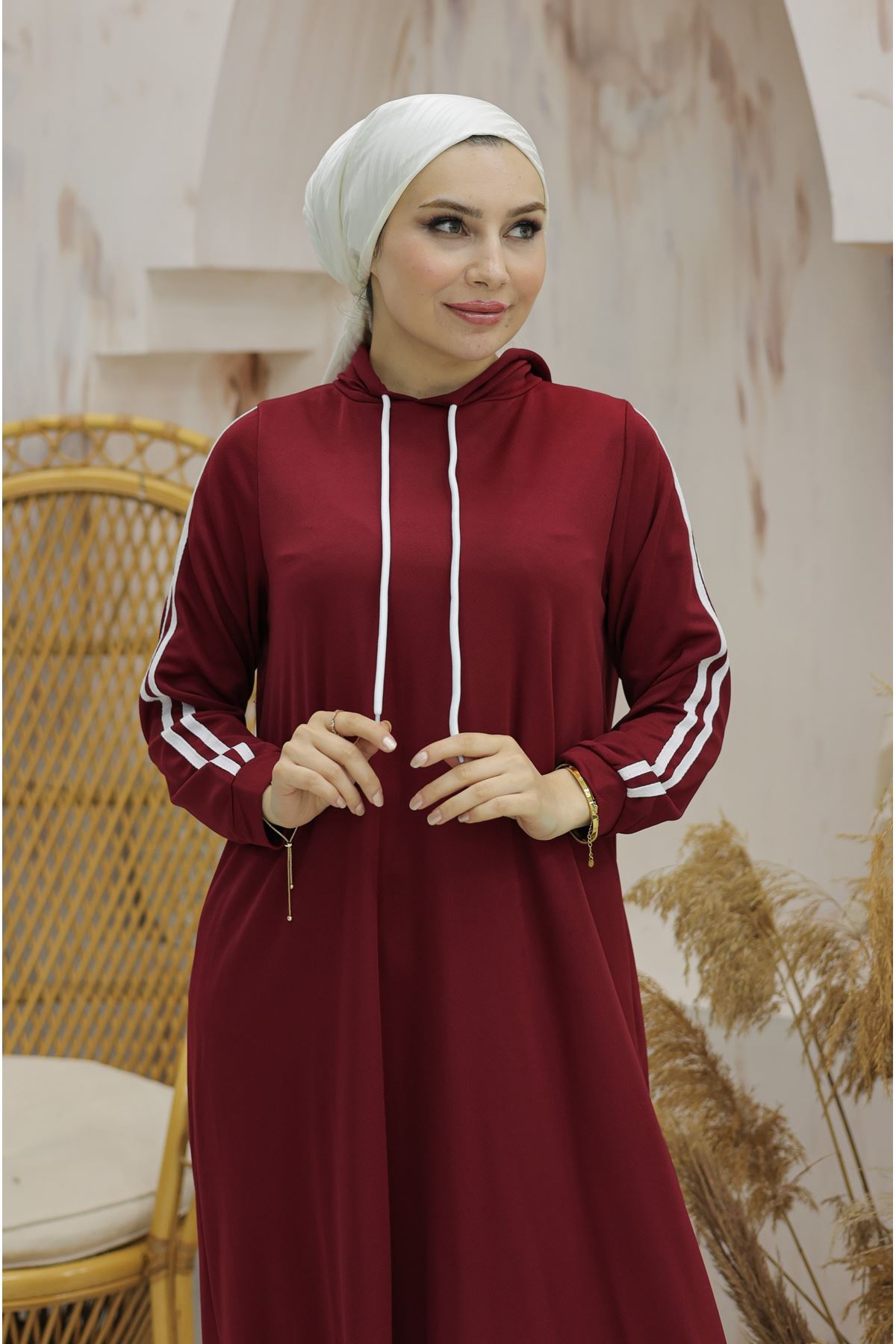 Hooded Stripe Detailed Dress Burgundy - 10005.1778.