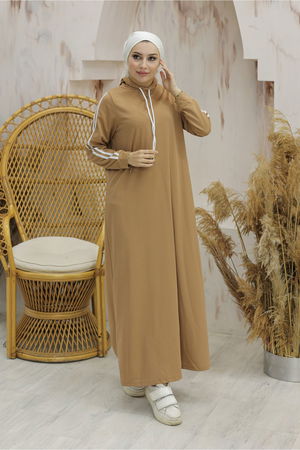 Hooded Stripe Detailed Dress Beige - 10005.1778.