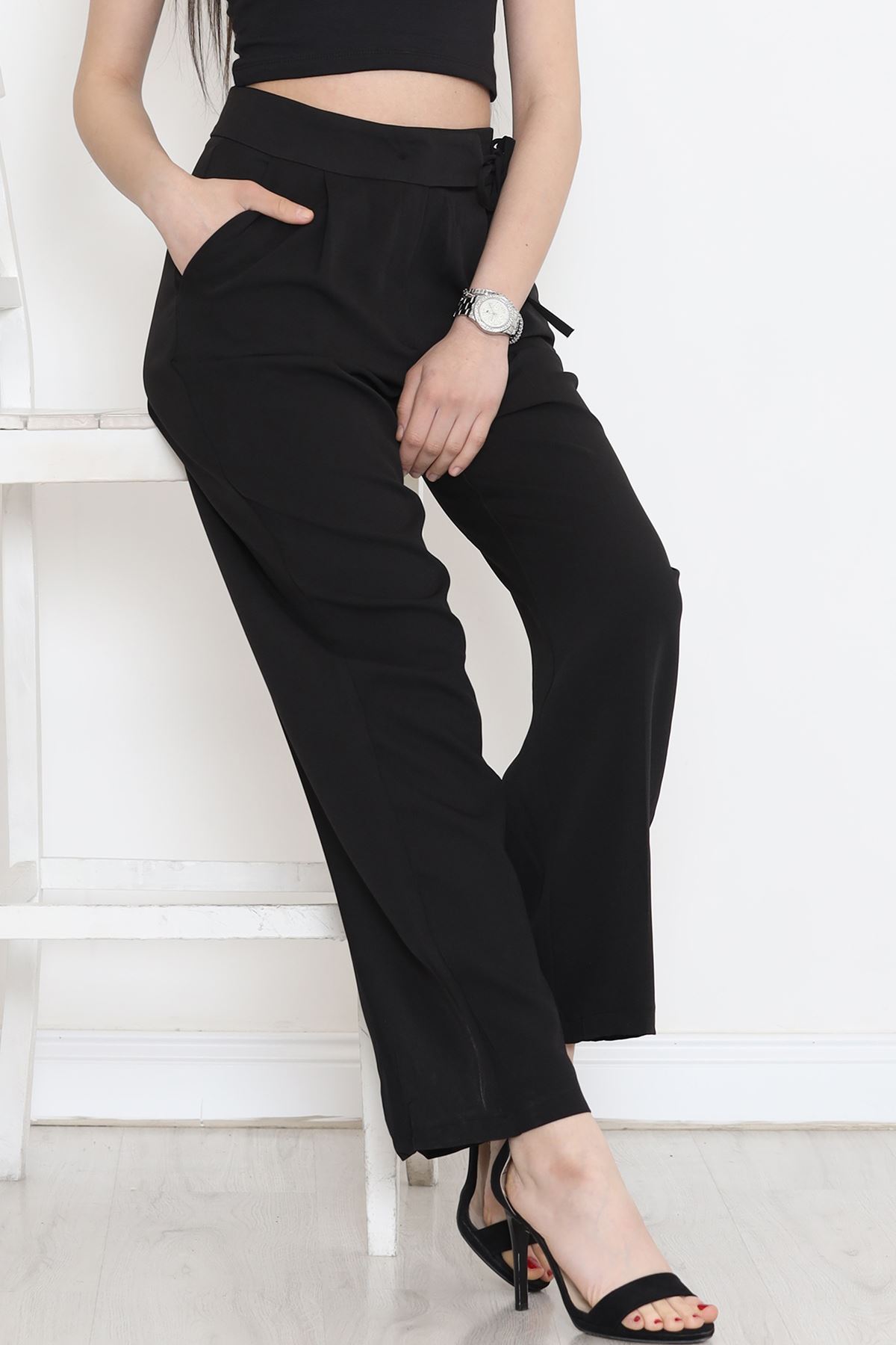 Palazzo Pants with Waist Ties Black - 20701.683.