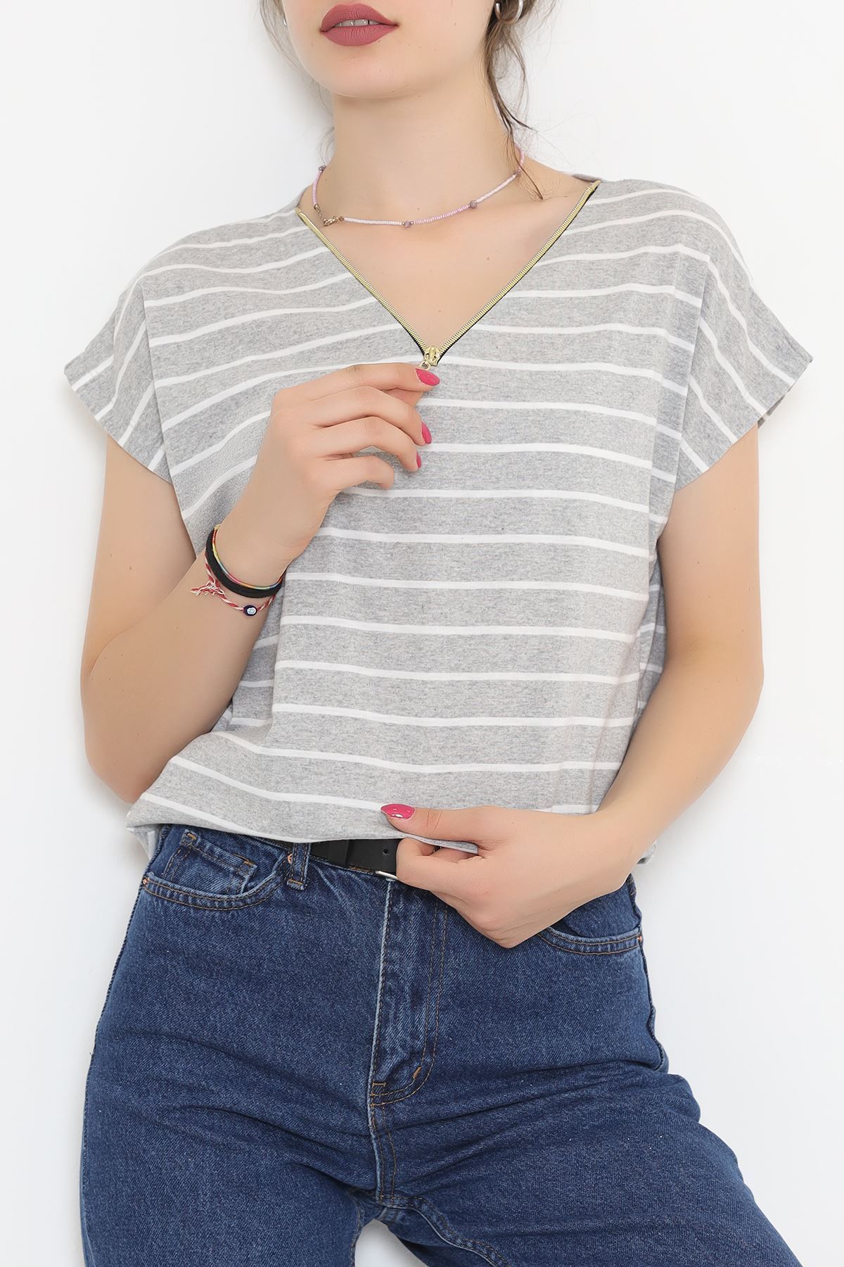 Striped T-shirt with zipper Grey1 - 9657.1567.