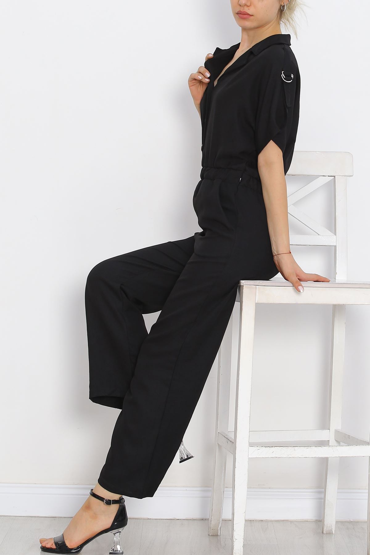 Double-breasted Collar Linen Jumpsuit Black - 16825.1778.