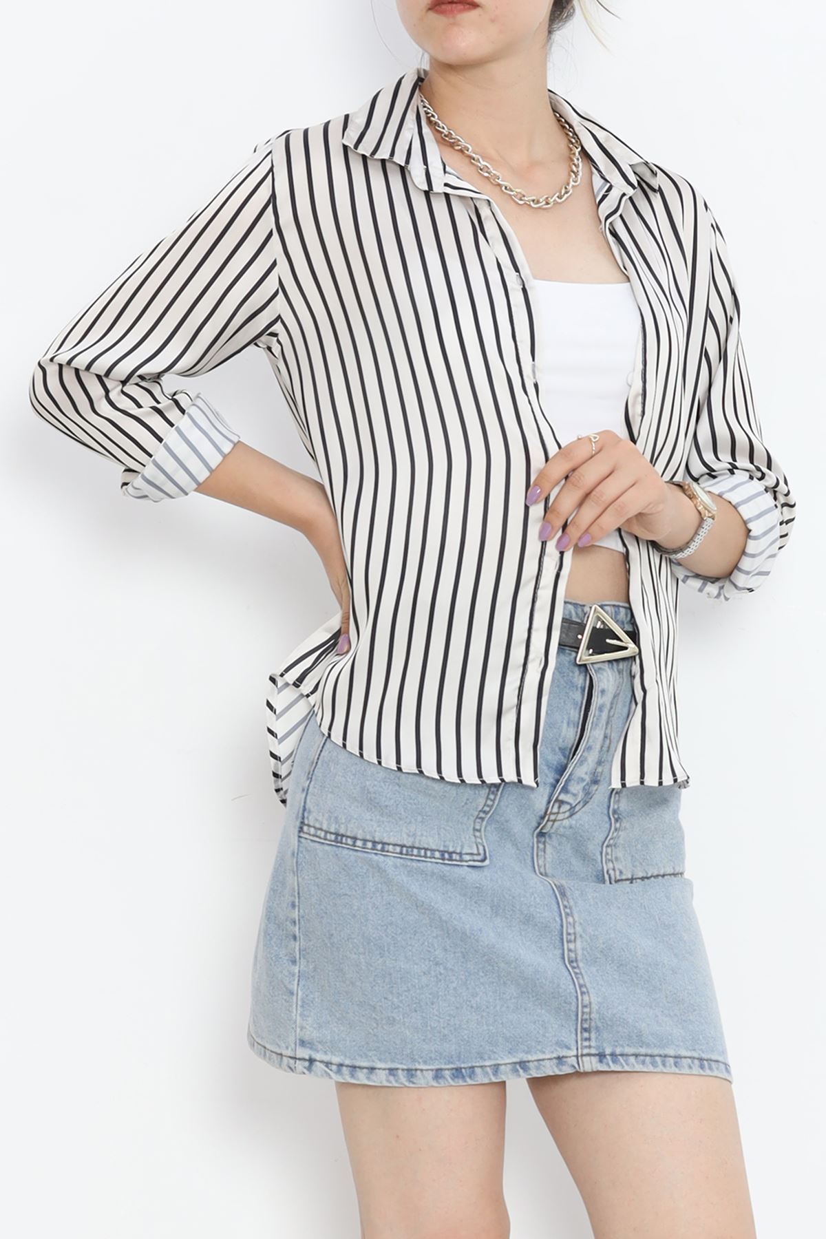 Striped Satin Shirt Stone Black - 18889.1247.