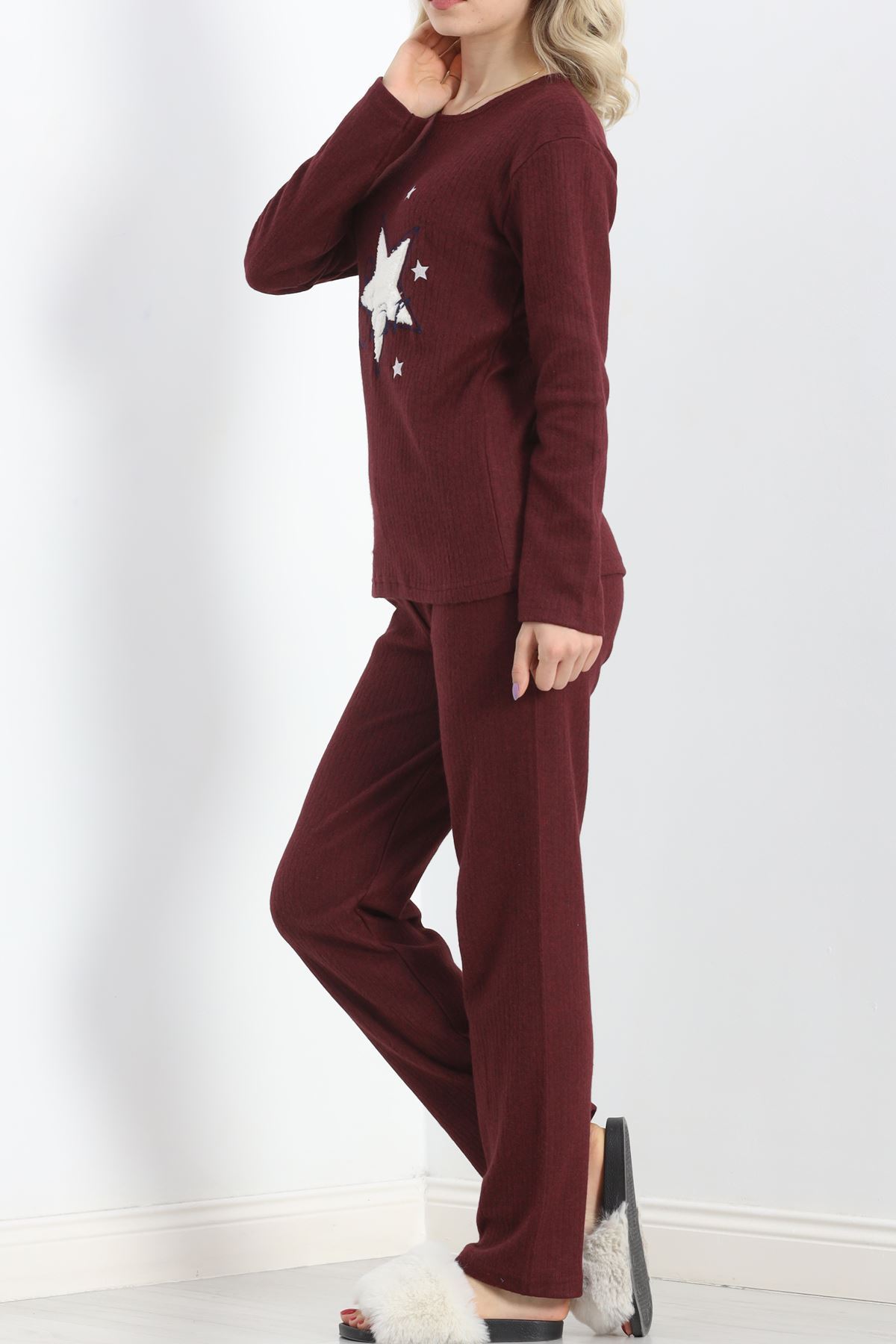 Nakışlı Fitilli Pijama Takımı Bordo1 - 19217.1048.