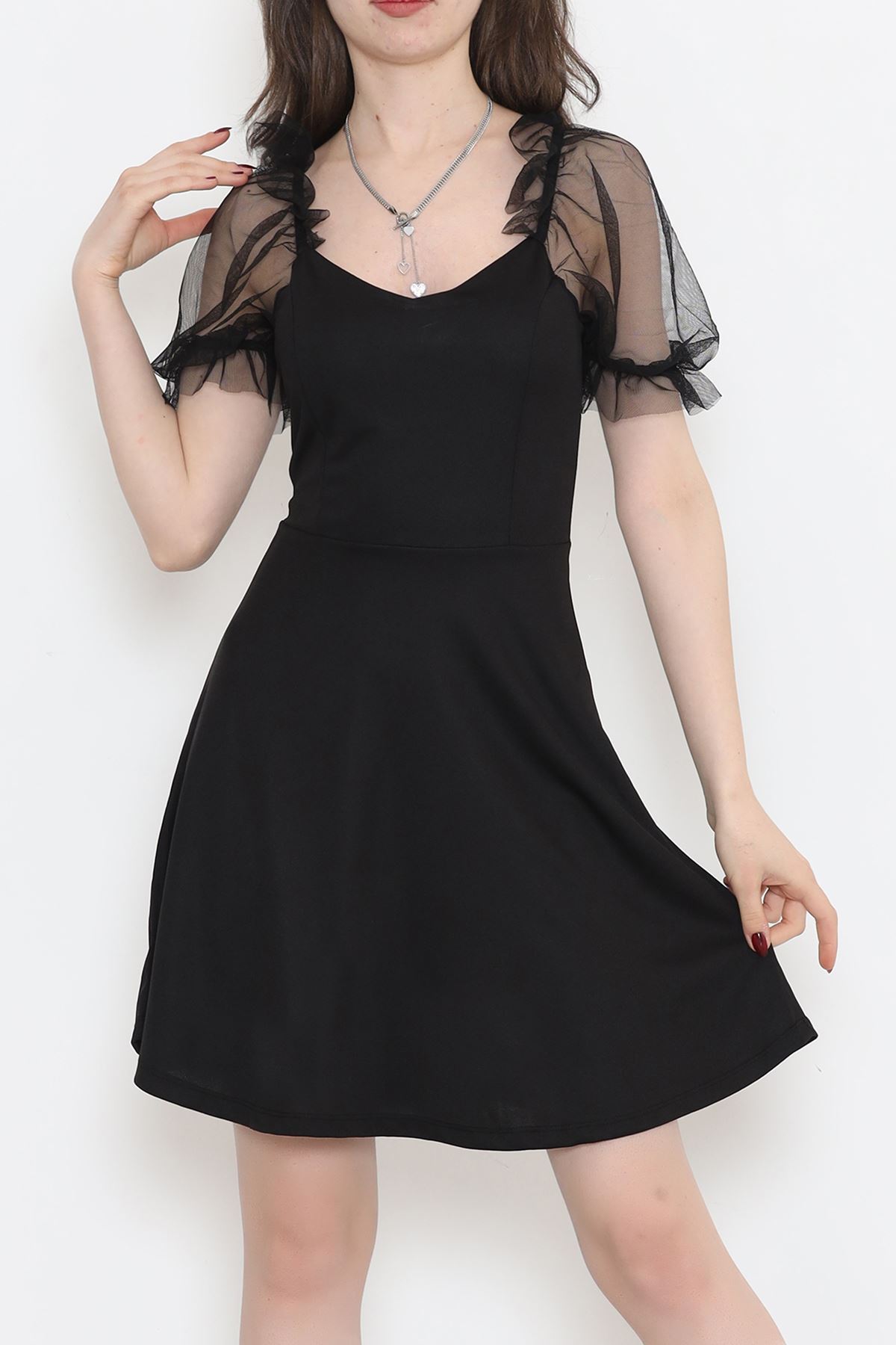 V-Neck Dress with Tulle Sleeves Black - 3869.1595.