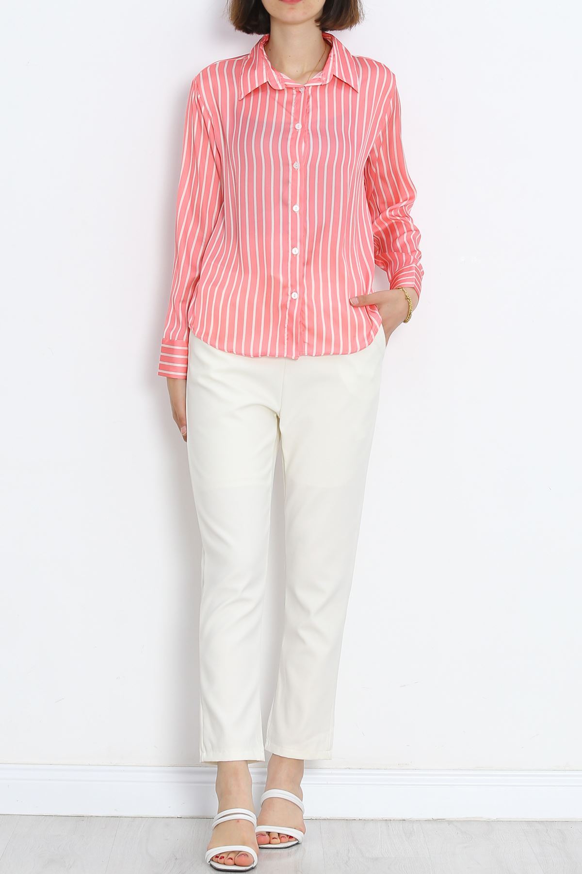 Striped Satin Shirt Pink-White - 18889.1247.