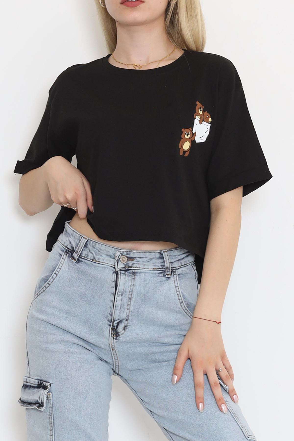 Printed Double Sleeve Crop T-Shirt Black - 18652.1567.