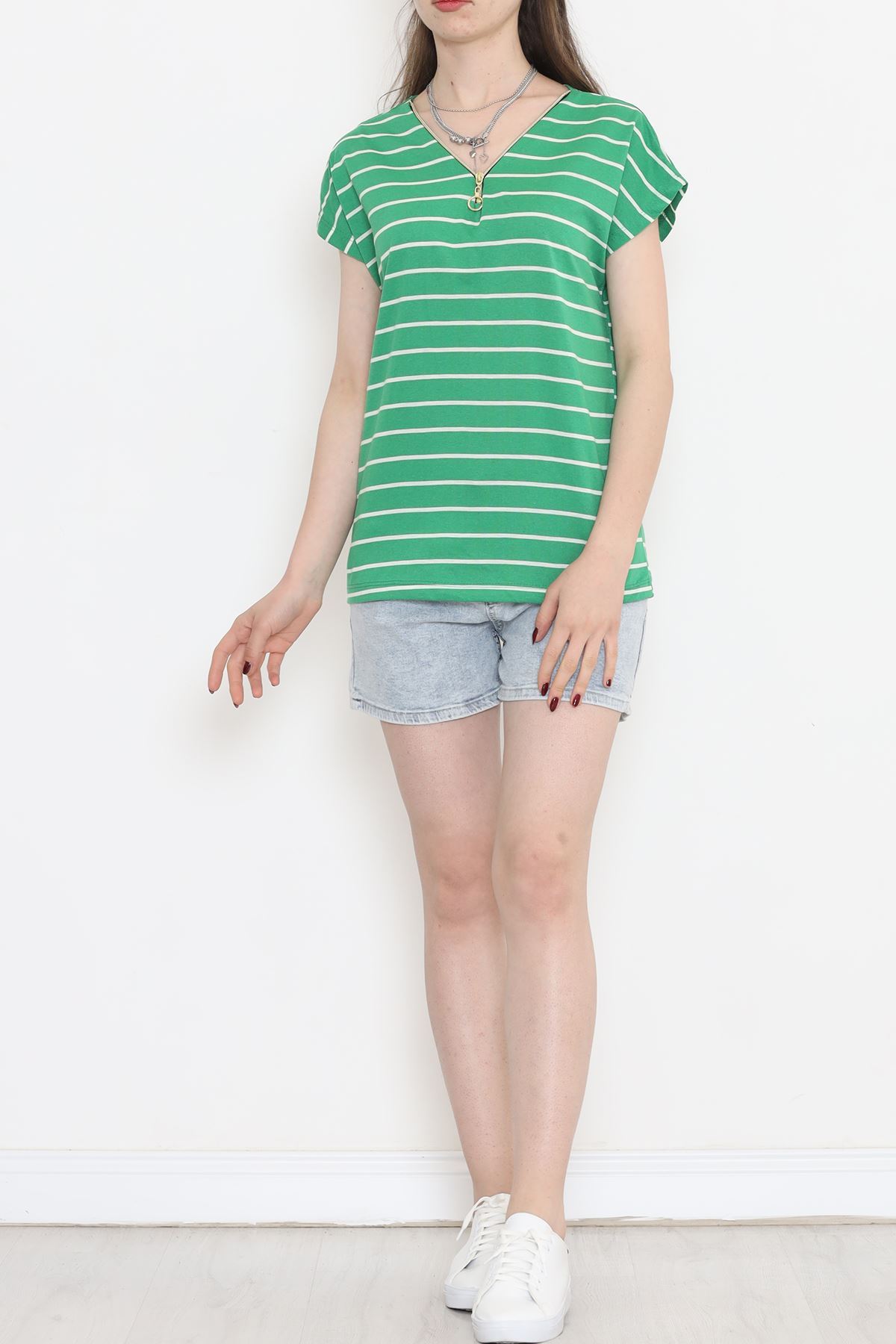 Zippered Striped T-shirt Green - 9657.1567.