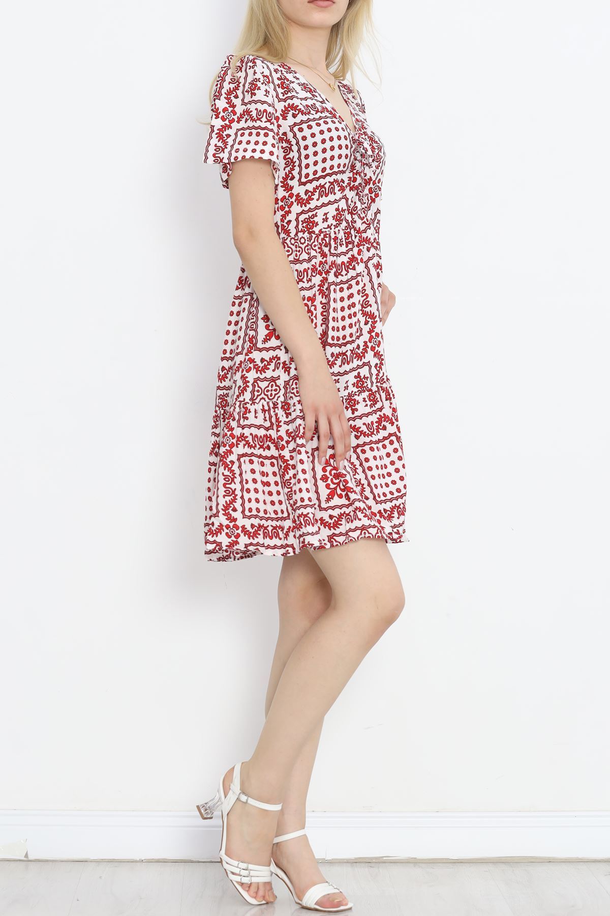 Shirred Front Dress White-Red - 152478.701.