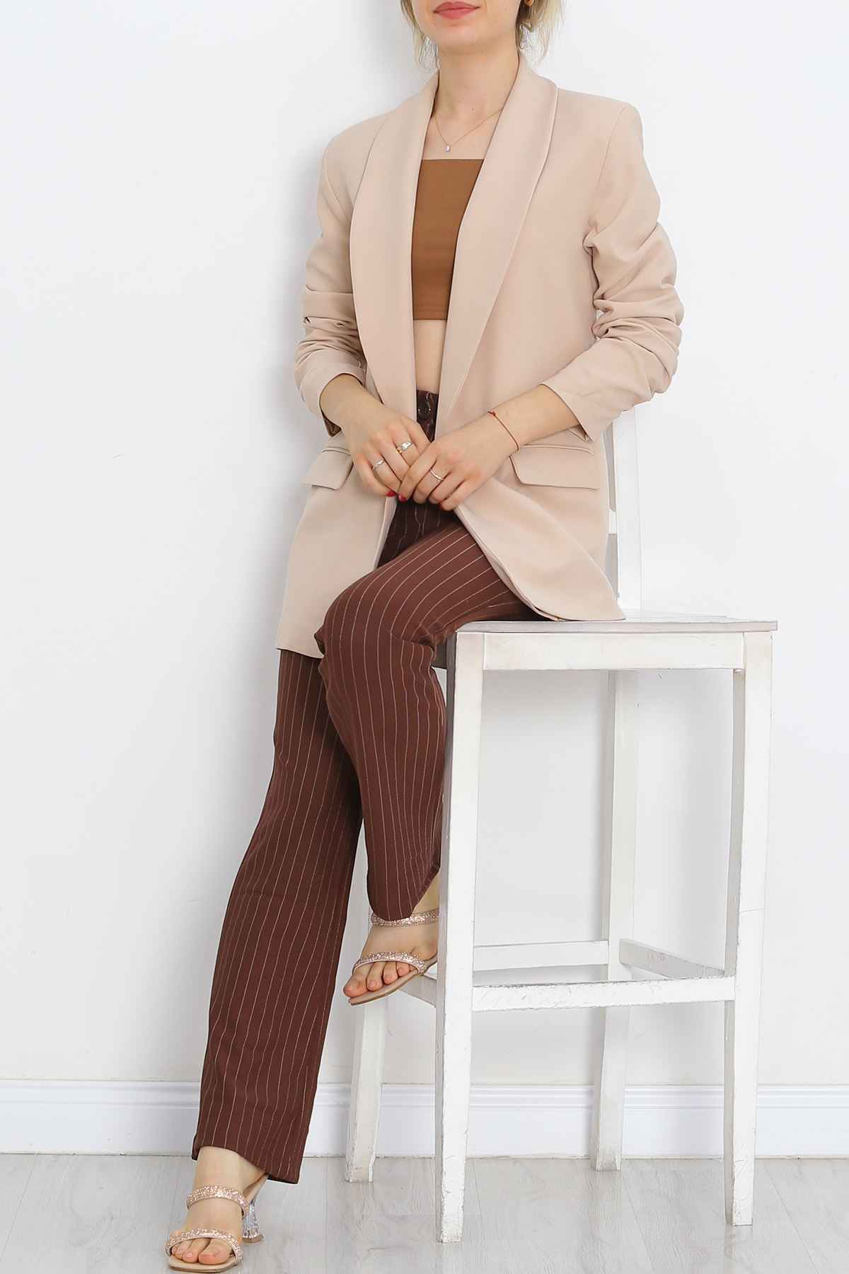 Sleeve Shirred Blazer Jacket Beige - 18927.1247.