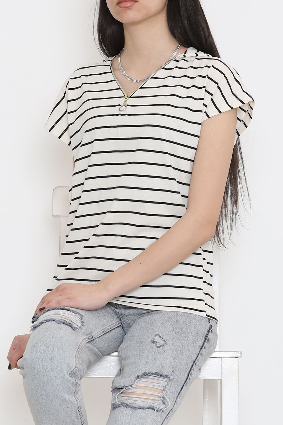 Striped Hooded T-shirt Beige-Black - 15270.1567.