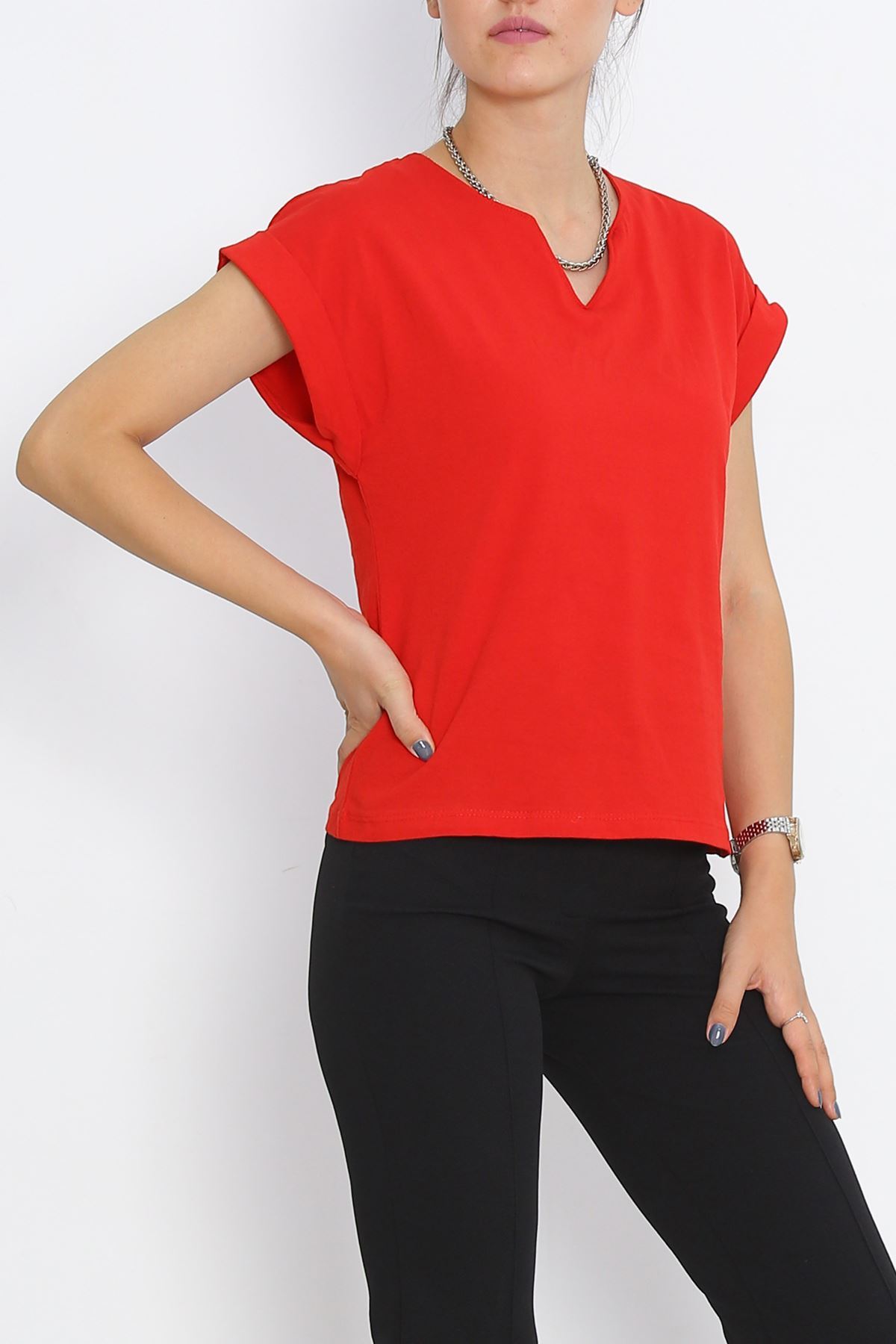 Pear Neck Double Sleeve T-Shirt Red - 15873.1567.