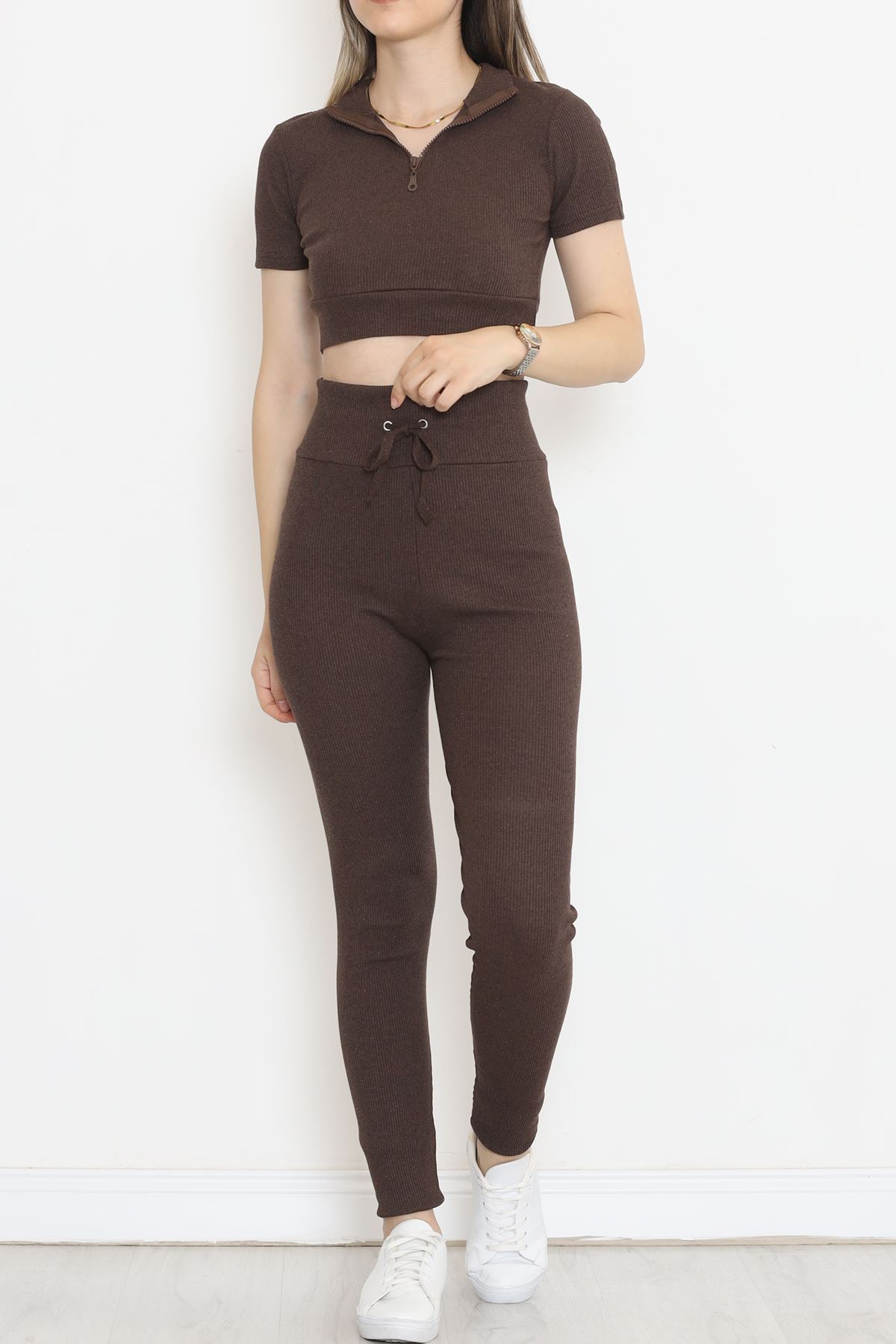 Camisole Zippered Short Sleeve Set Coffee - 18517.1567.